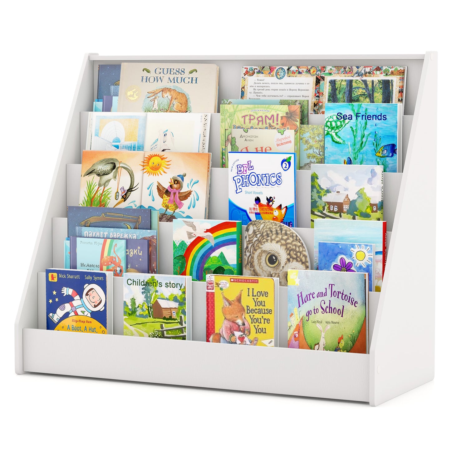 5-Tier Wooden Toddler Book Shelf Stand with Deep Compartments-Natural