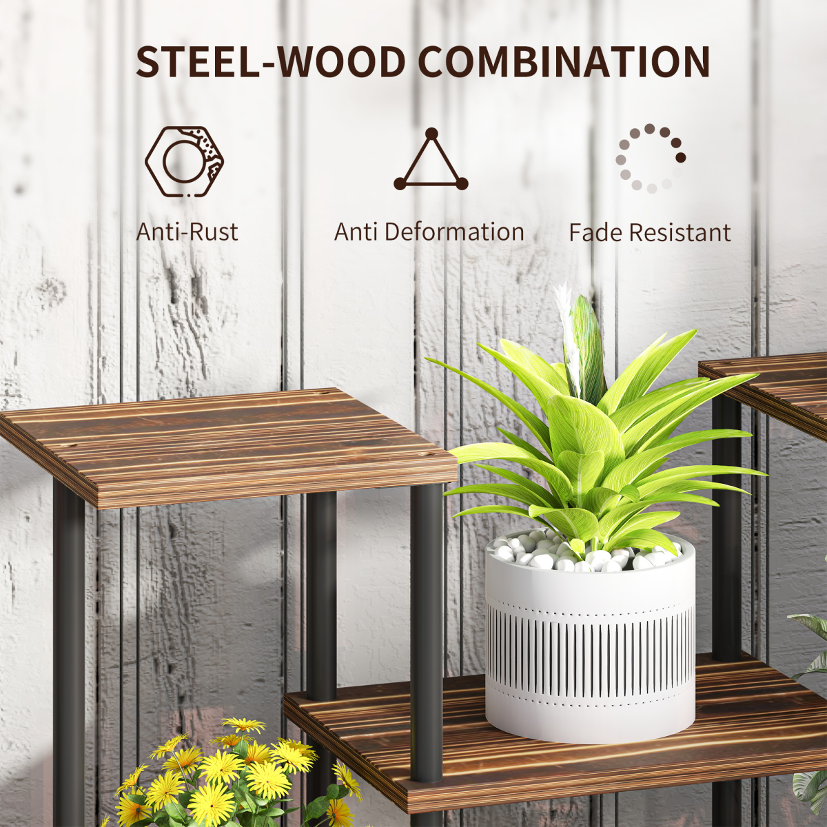 Outsunny 4 Tiered Metal Flower Shelf Display Rack, Carbonised Finish