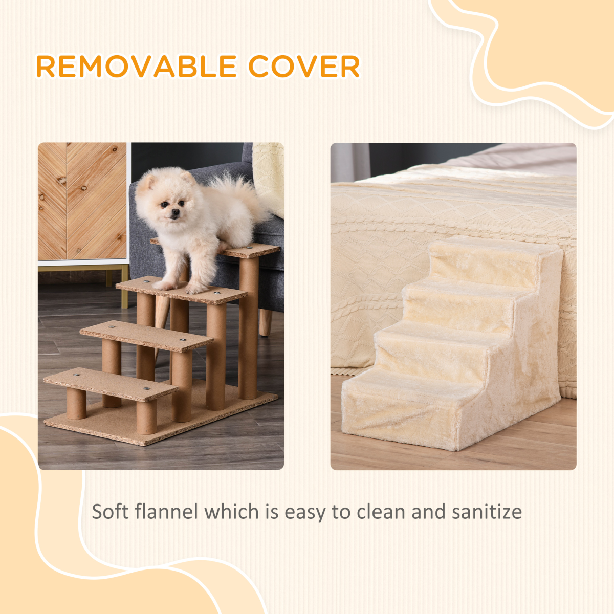 Portable Dog Stairs with Washable Plush Cover, for High Bed Sofa - Beige