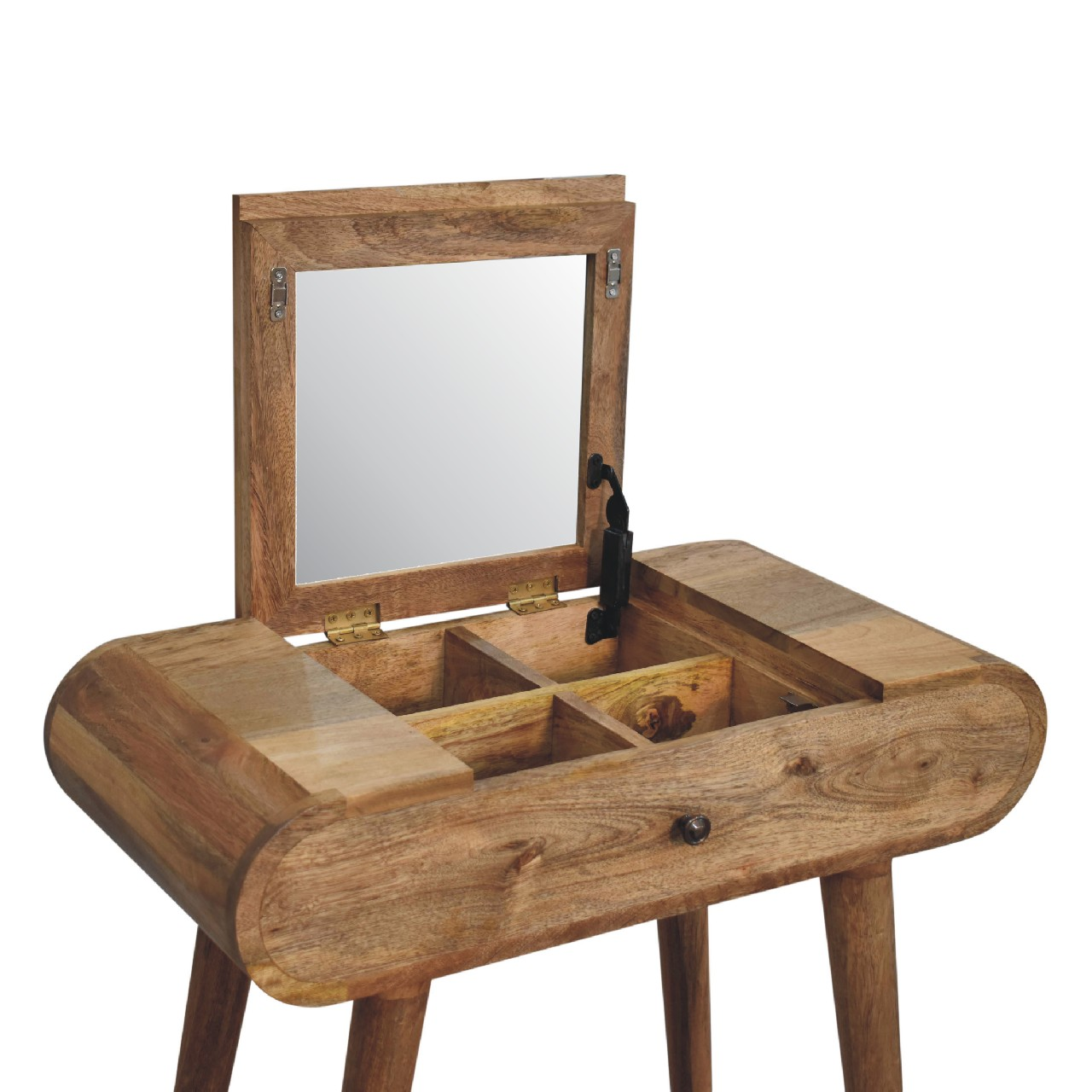 Artisan Furniture Solid Wood Mini Oak-ish Round Dressing Table, 4 Storage Compartments with mirror, Brown