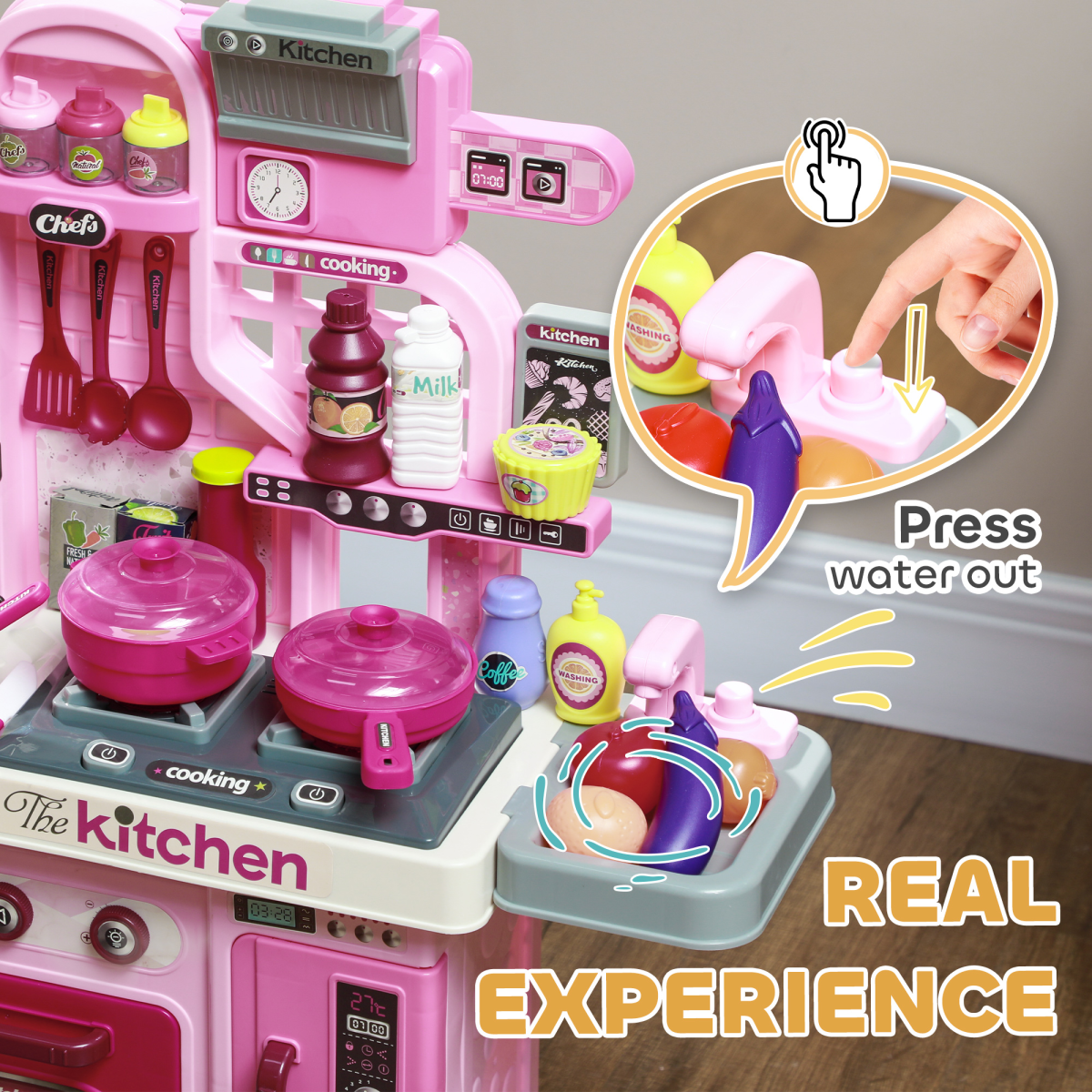 AIYAPLAY Kids Kitchen with 33 Piece Accessories, Lights, Sounds, Storage