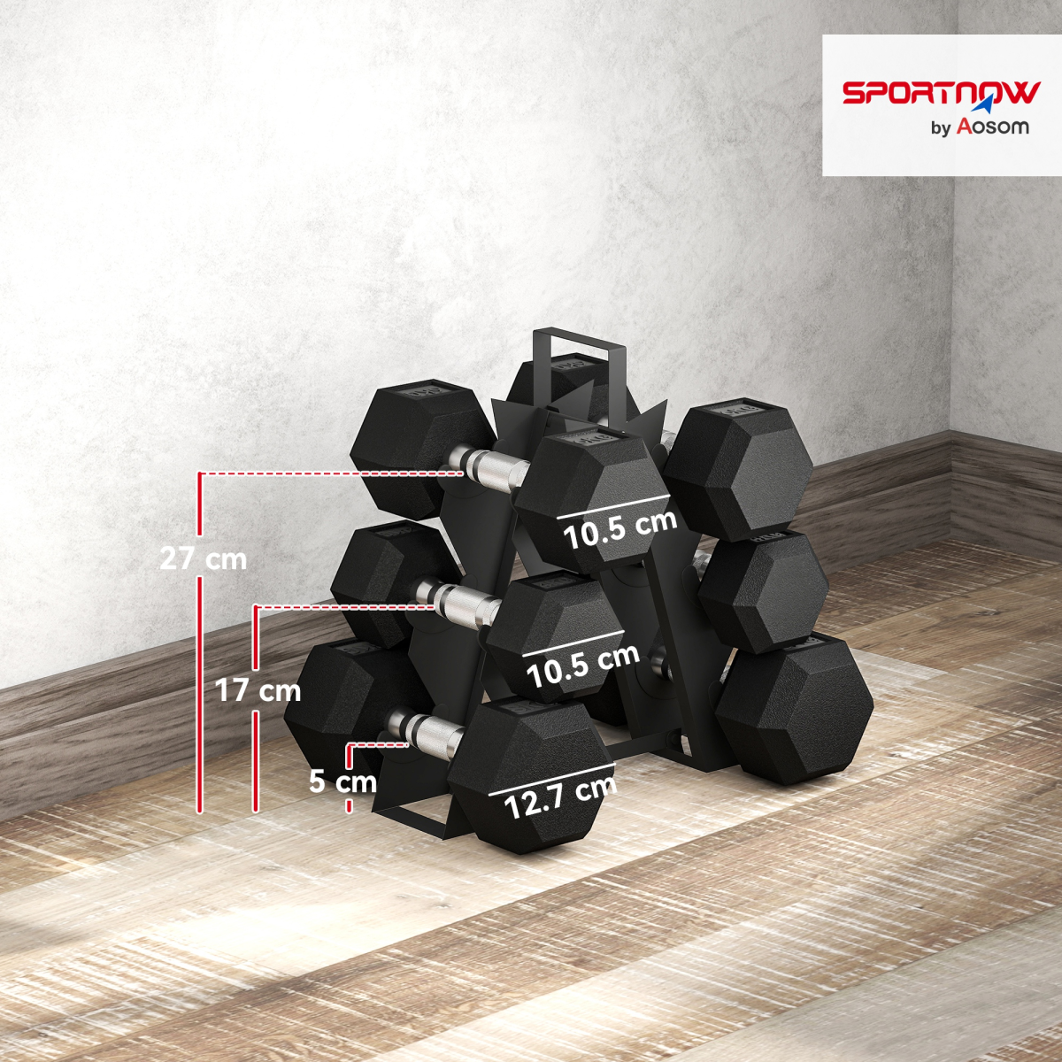 SPORTNOW 36KG Hex Dumbbell Set with Dumbbell Rack, Rubber Coated Weights