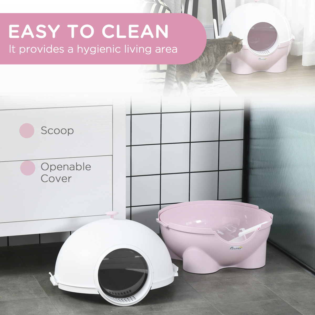 PawHut Large Cat Litter Box with Scoop, Front Entrance, 53 x 51 x 48cm - Pink