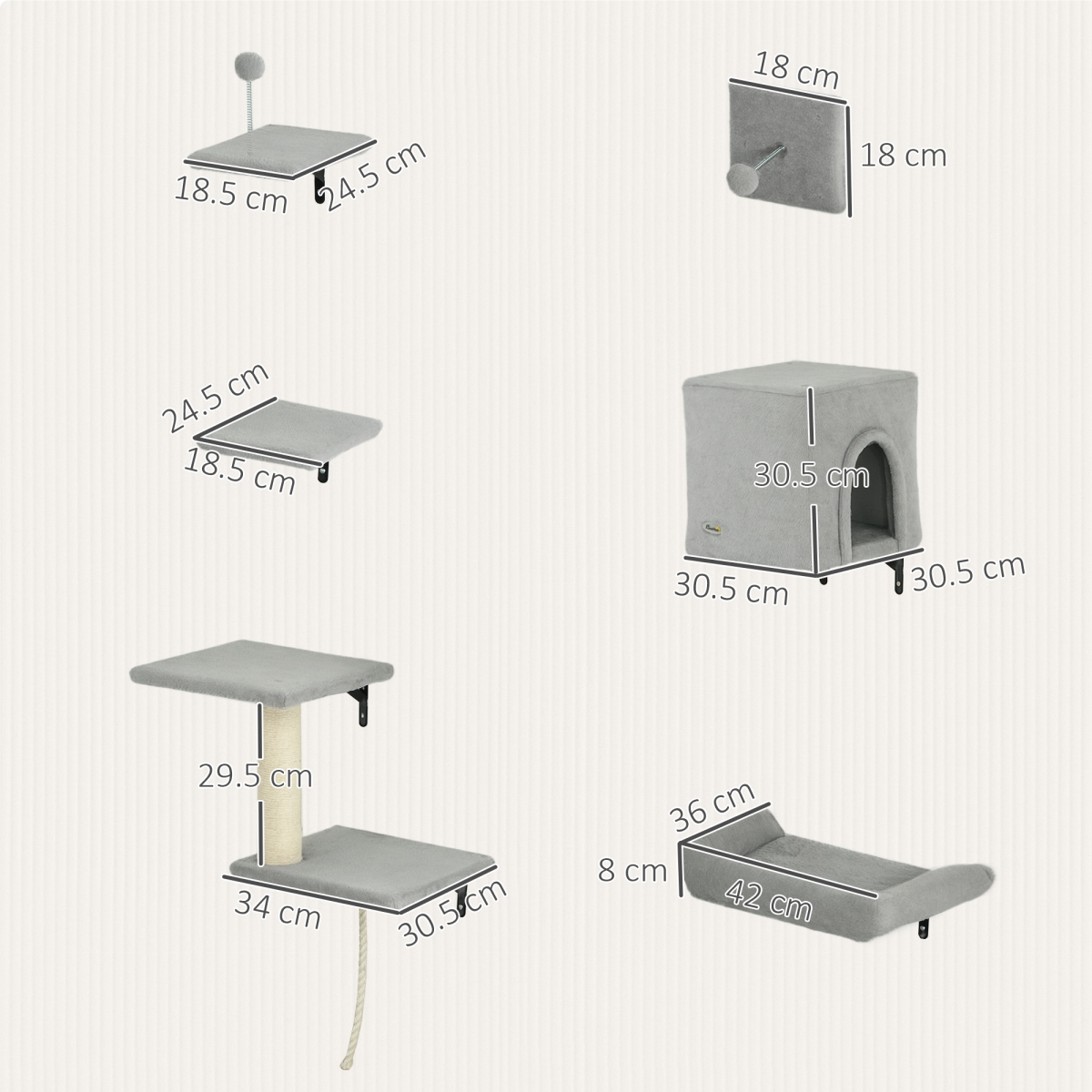PawHut 6-Piece Cat Wall Shelves Set, Cat Wall Furniture with Condo, Grey