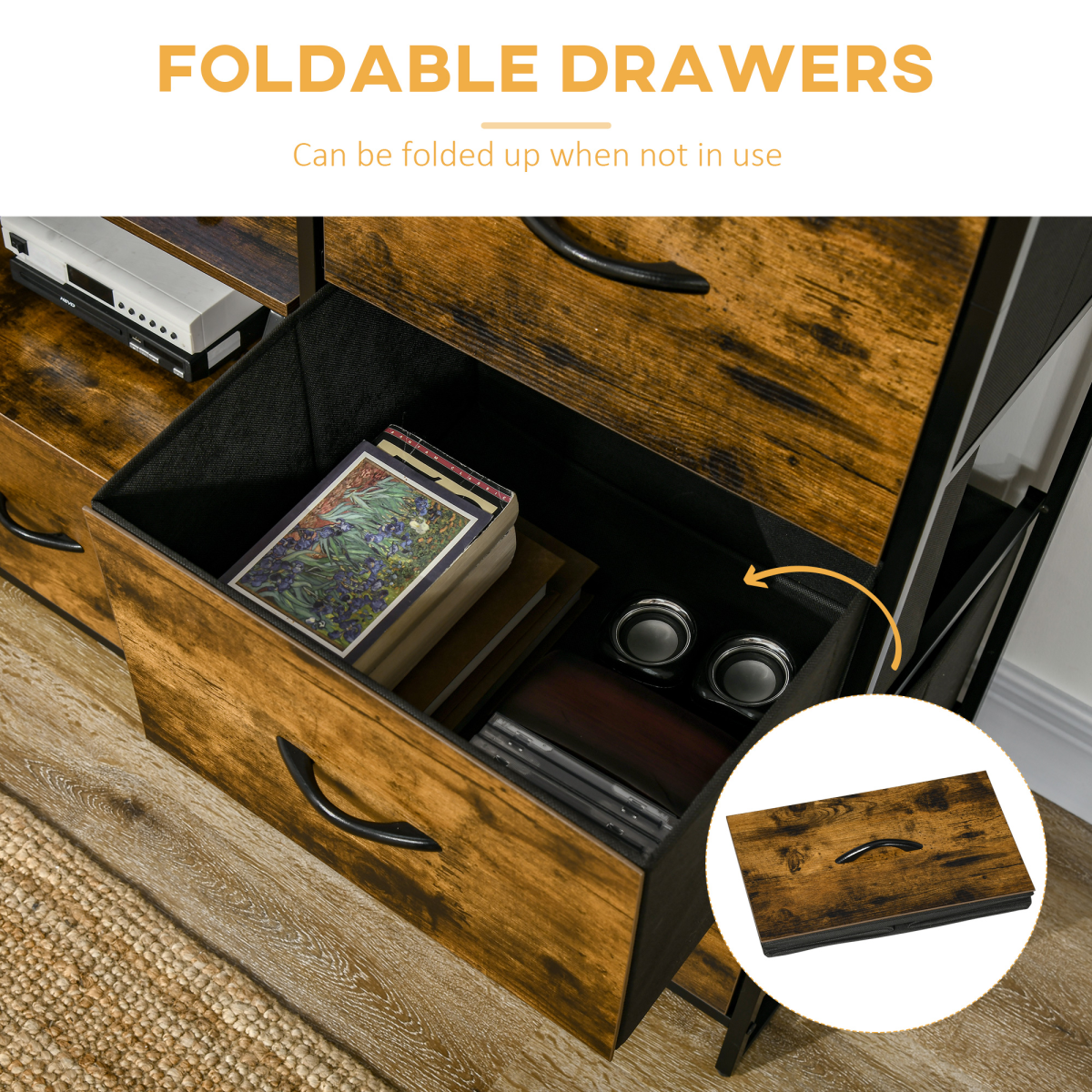 HOMCOM Industrial Storage Cabinet with 2 Shelves 3 Fabric Drawers Rustic Brown