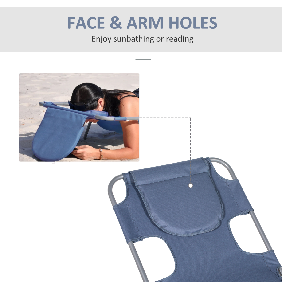 Outsunny Beach Chaise Lounge Portable Adjustable Backrest with Face Cavity Grey