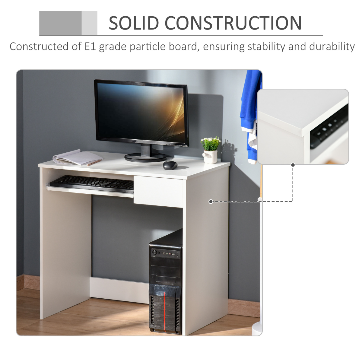 Compact Computer Table with Keyboard Tray Drawer White