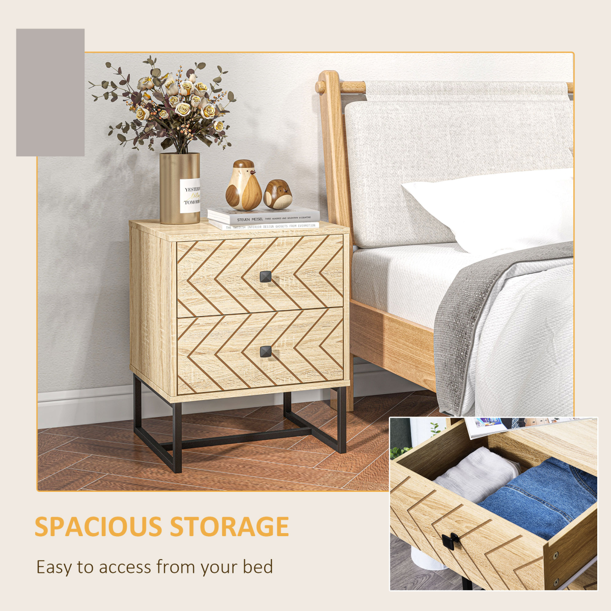 Bedside Table 2 Drawer Unit  Zig Zag Design w/ Black Metal Handles