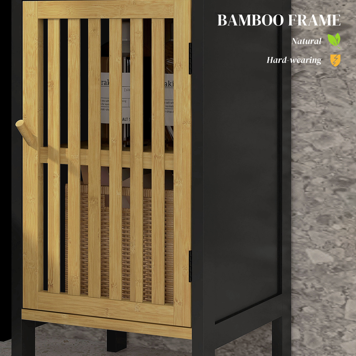 HOMCOM Bathroom Floor Cabinet Bamboo Bathroom Cupboard with Adjustable Shelf