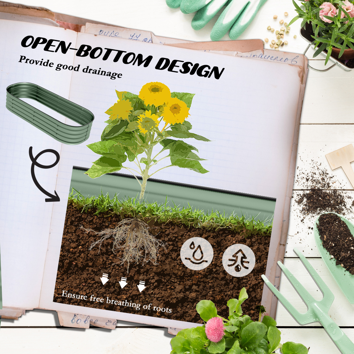 Outsunny Galvanised Raised Garden Bed Planter Box with Safety Edging, Green