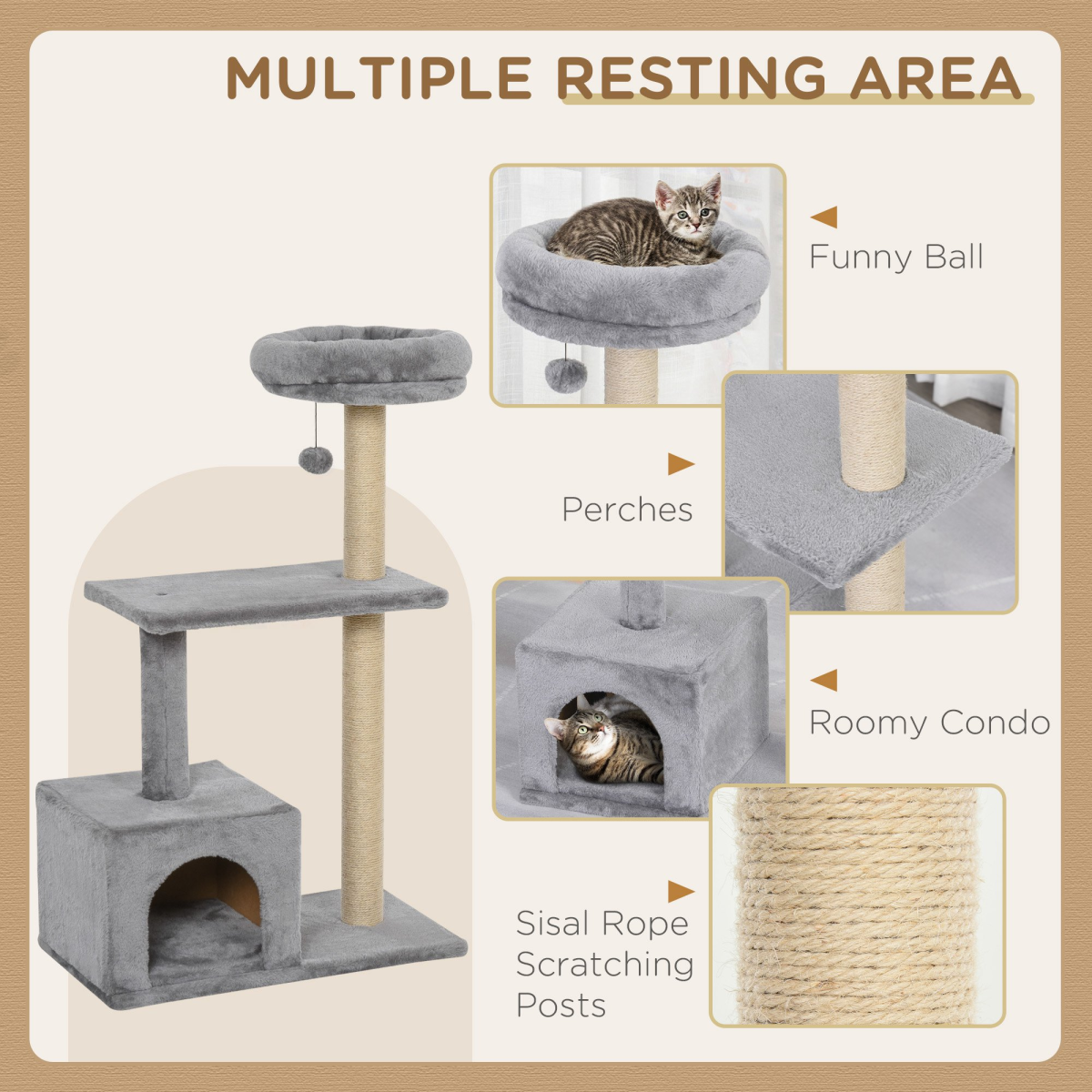 Cat Tree w/ Sisal-Covered Scratching Posts Condo Grey 60L X 33.5W X 96H cm