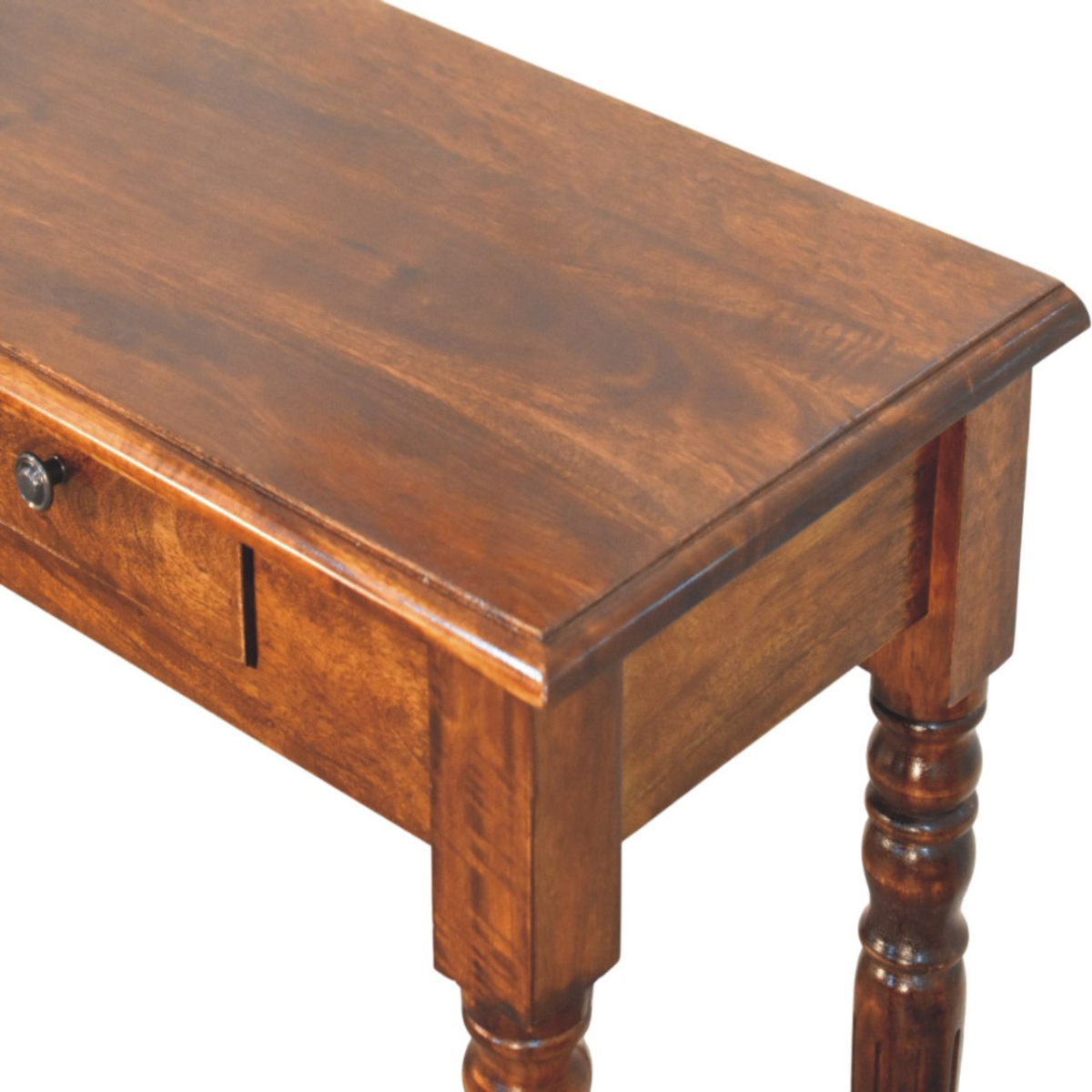 Artisan Furniture Solid Wood Turned Legs Chestnut Console, 3 Drawers, Dark Brown