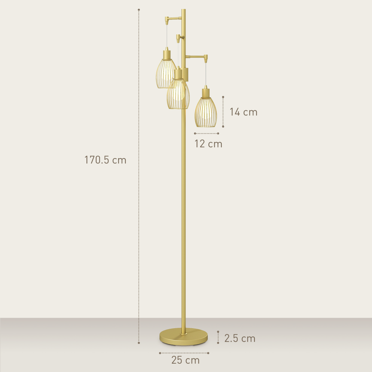HOMCOM Industrial 3-Light Floor Lamp Dimmable Standing Lamp, Gold