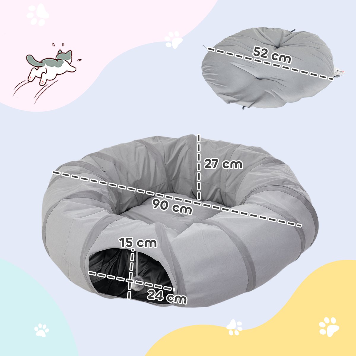 PawHut 2 in 1 Cat Tunnel with Bed, Cat Play Tunnel for Indoor Cats, Grey
