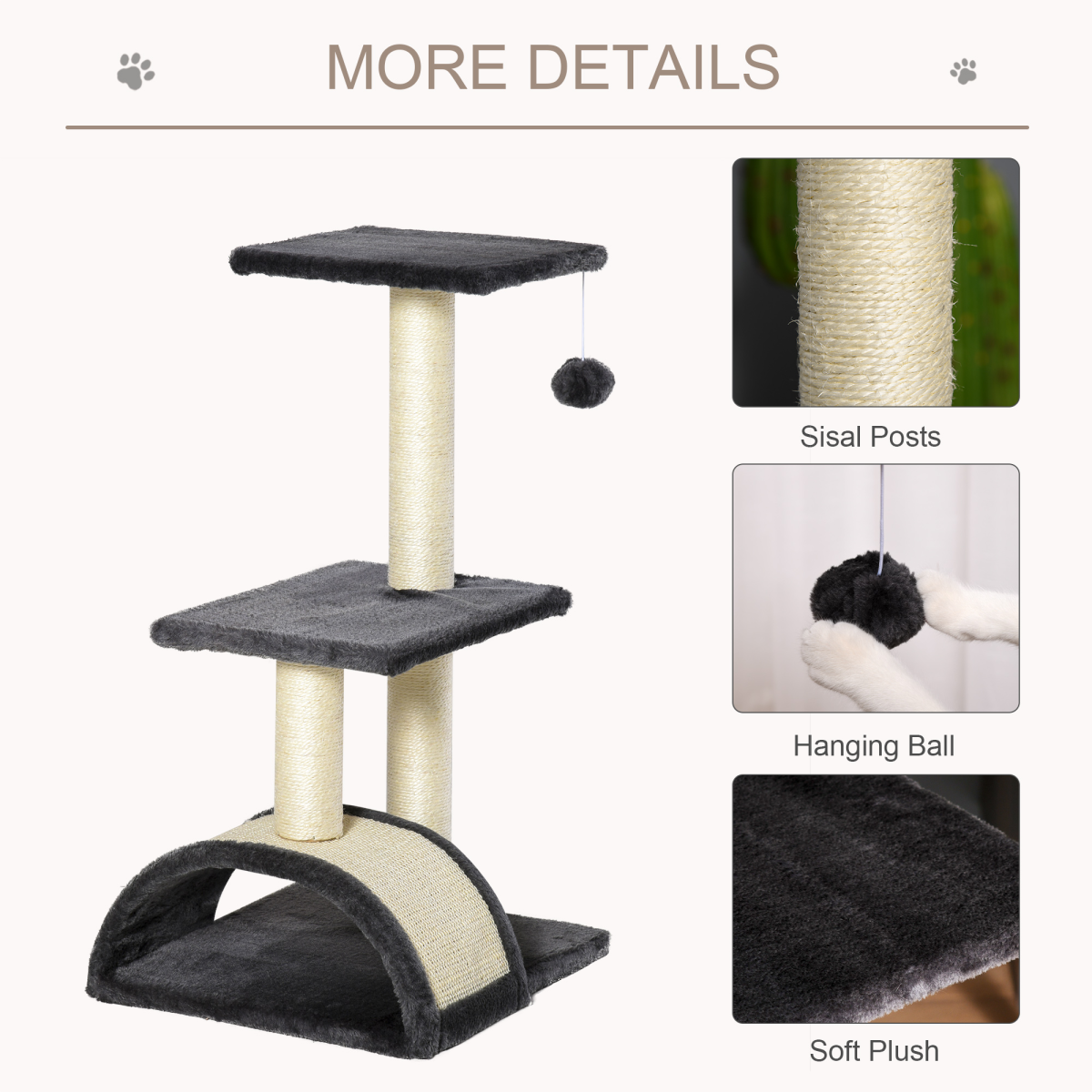 Cat Tree Activity Center Scratching Posts Sisal Arc Hanging Ball Grey Pawhut