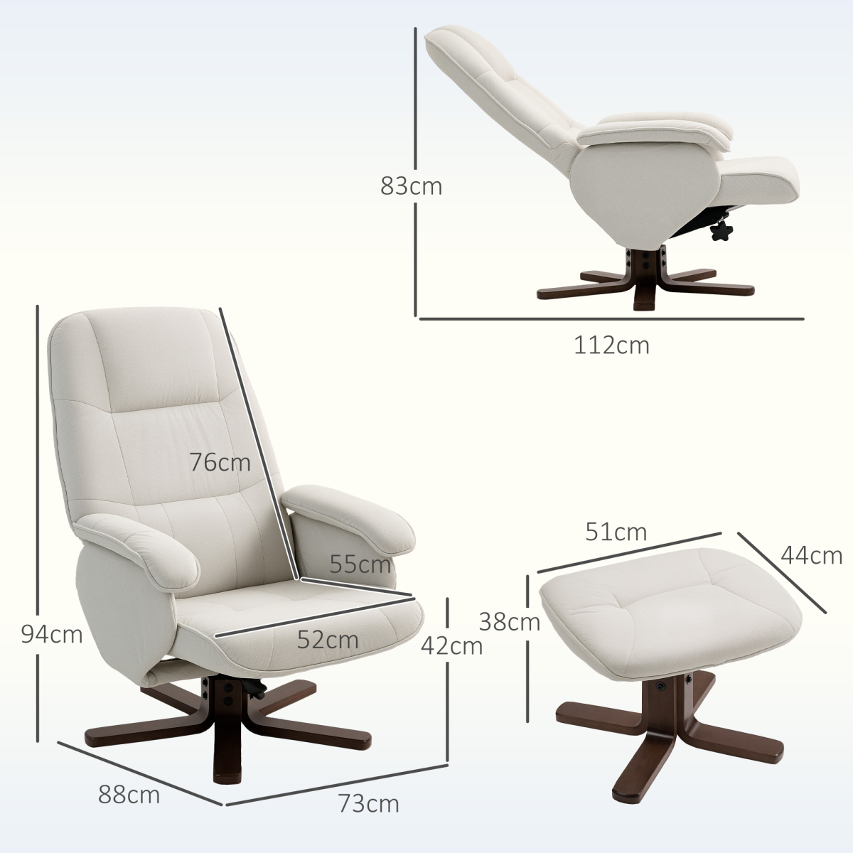 HOMCOM Swivel Recliner Chair with Footstool and Wooden Base, Beige