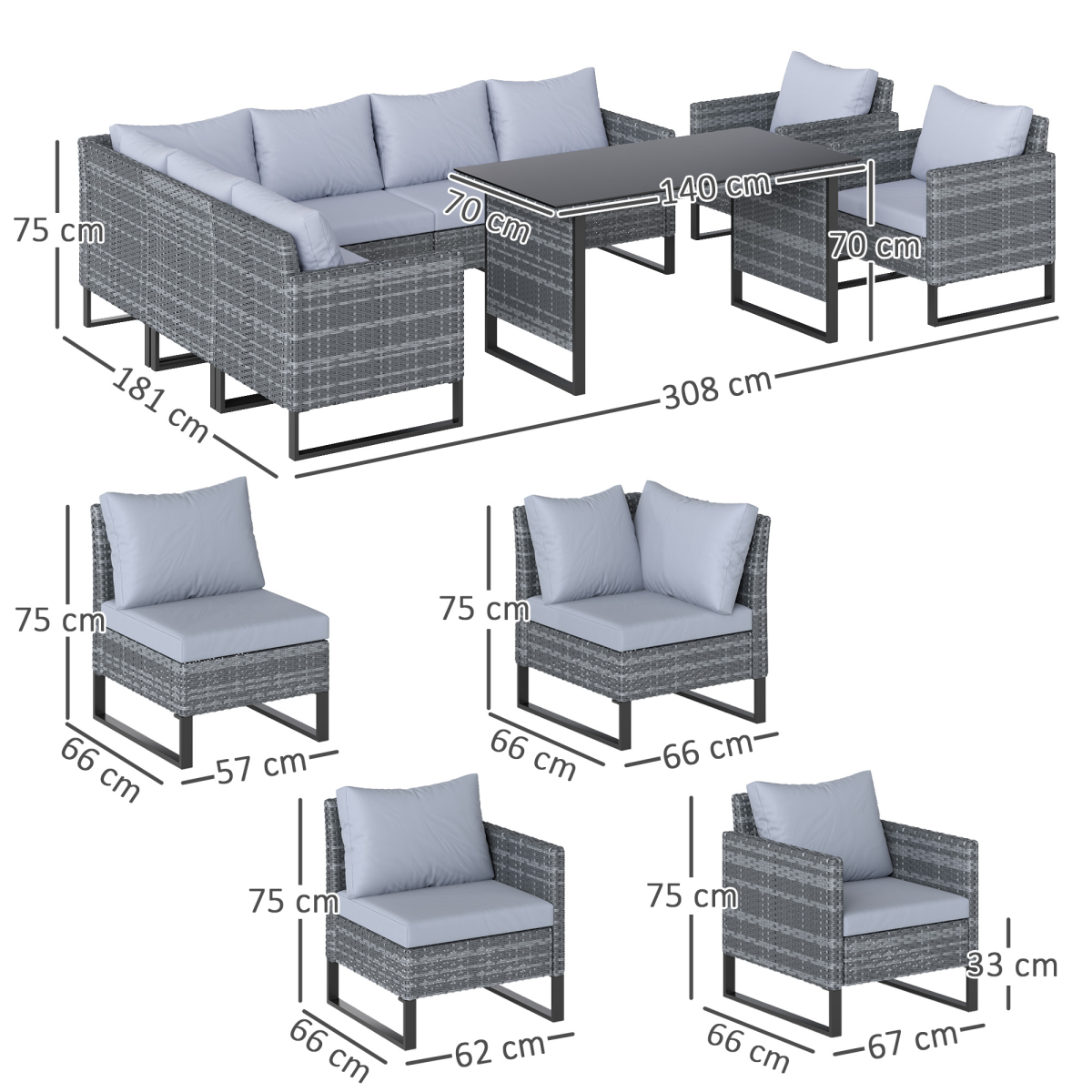 Outsunny Sectional Outdoor Furniture with Glass Top Table, Light Grey