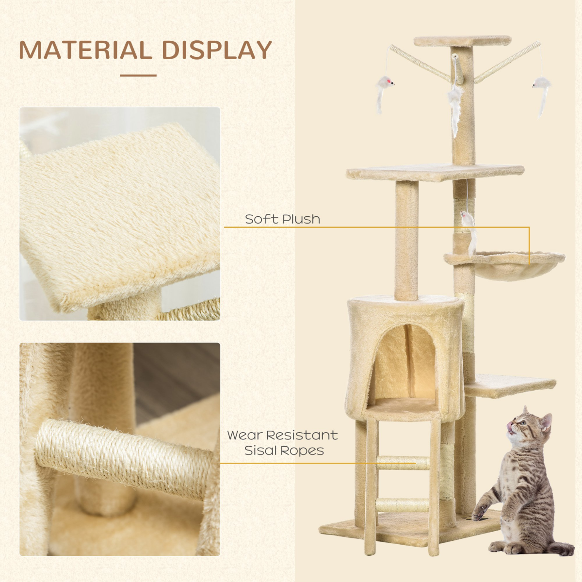 Cat Tree Kitty Activity Centre Condo Scratching Post with Toys Beige 131cm