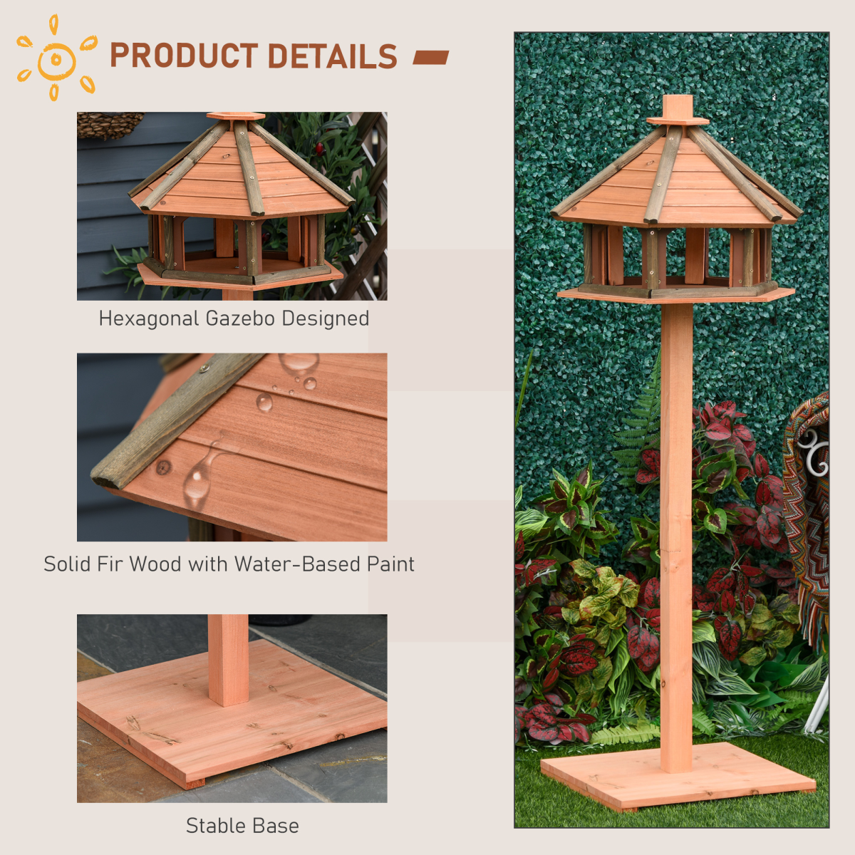 Wooden Bird Feeder Wooden Bird Table Bird Feeder with Roof, Brown, 130cm