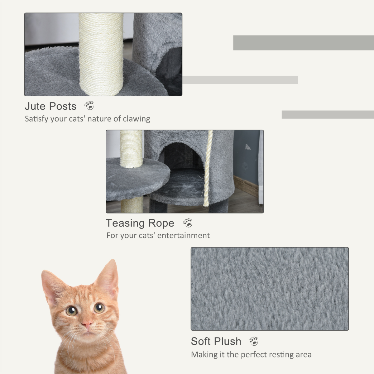 Cat Tree Tower Activity Center with Hanging Ball Toy Teasing Rope Dark grey