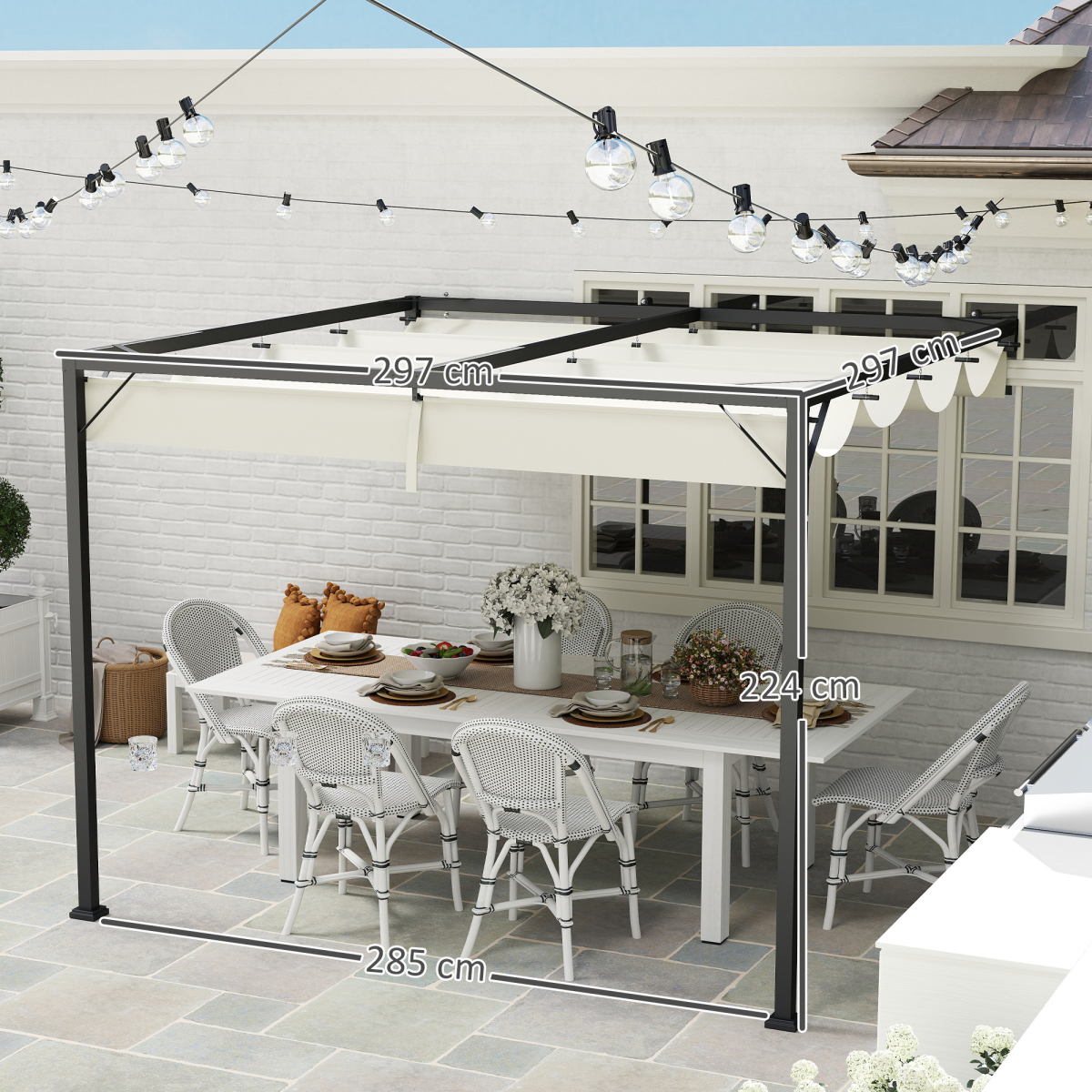 Outsunny 3 x 3(m) Outdoor Pergola Retractable Canopy Wall Mounted, Cream
