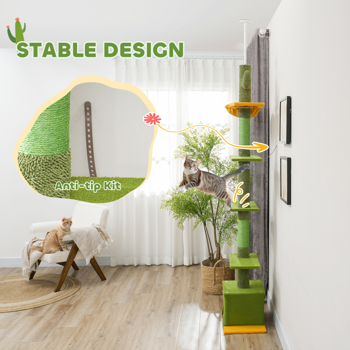 PawHut 230-275cm Floor-to-Ceiling Cat Tree for Indoor Cats with Cat House