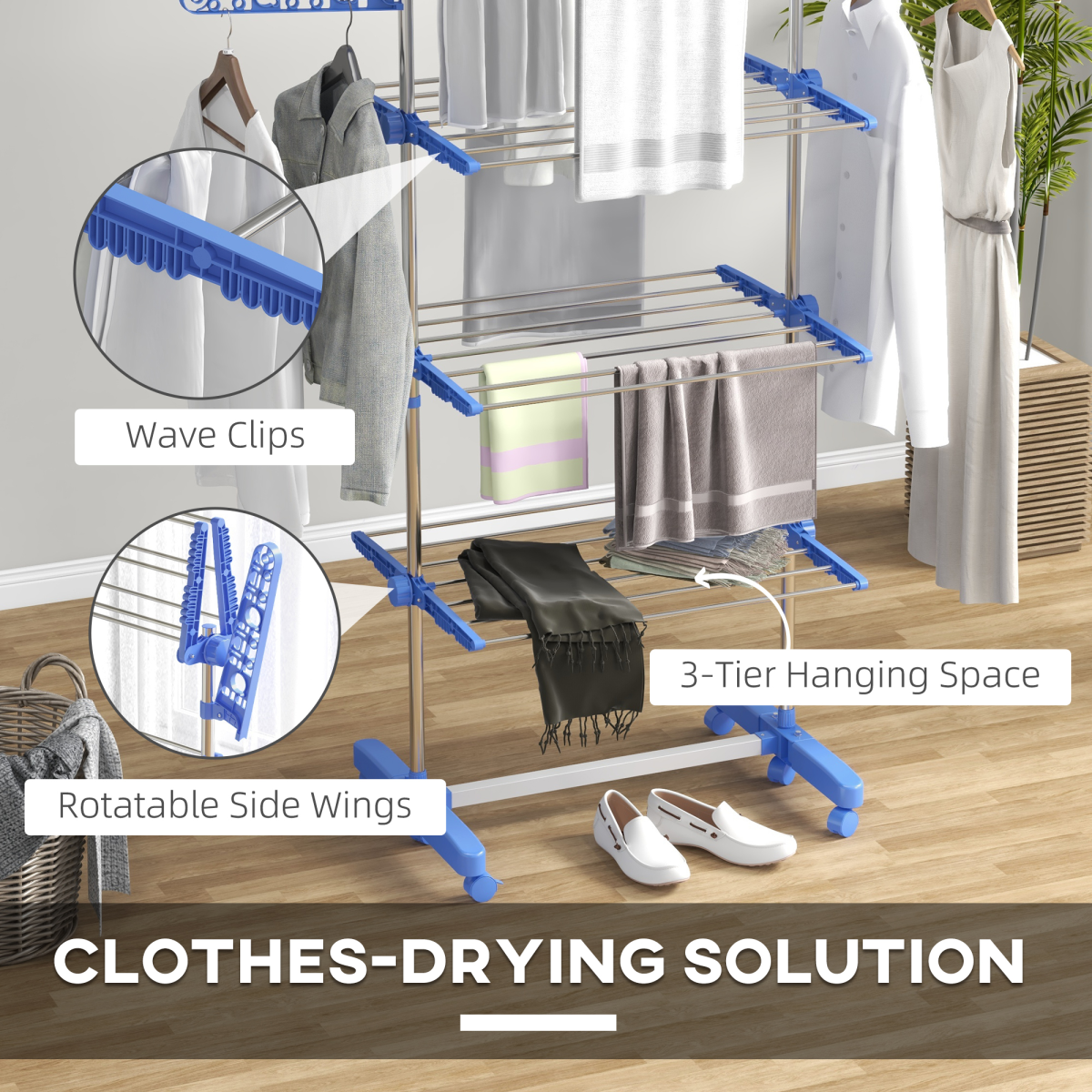 HOMCOM 3-Tier Large Clothes Airer Stainless Steel Clothes Drying Rack Blue