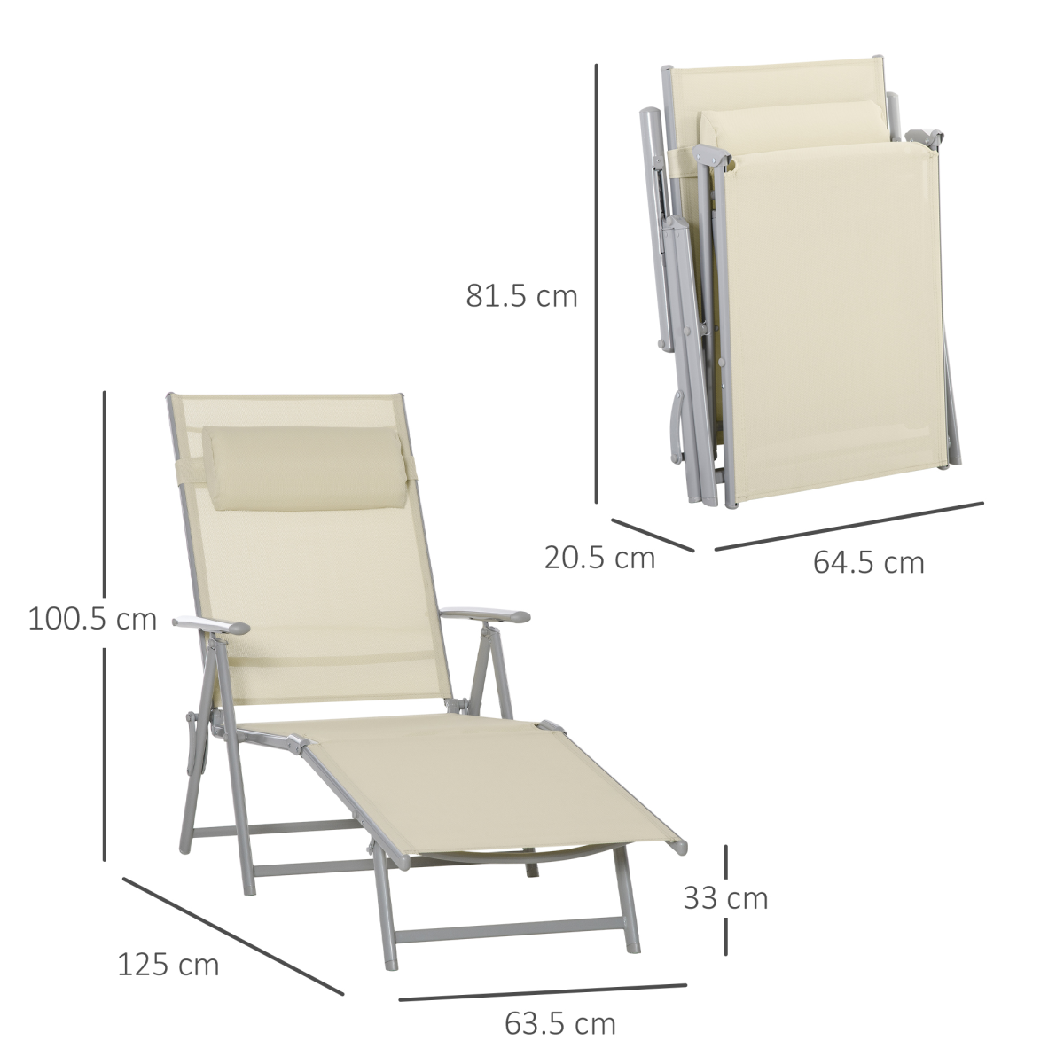 Sun Lounger Folding Chaise Chair Recliner & 7 Adjustable Backrest - Beige