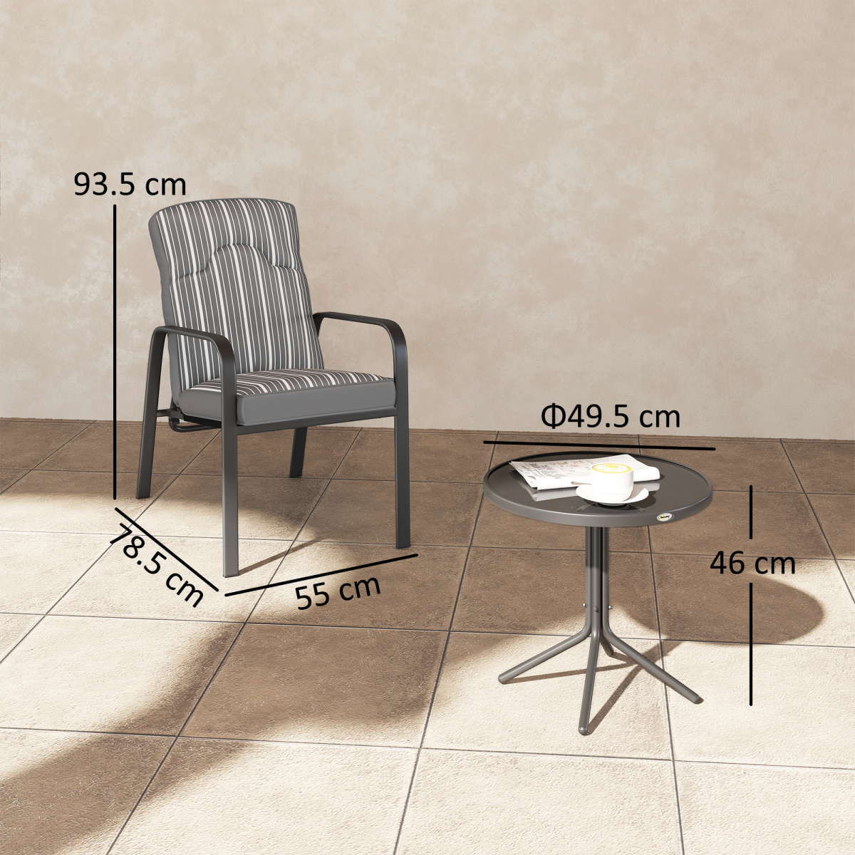 Outsunny 3-Piece Recliner Garden Chairs and Tempered Glass Table Set, Grey