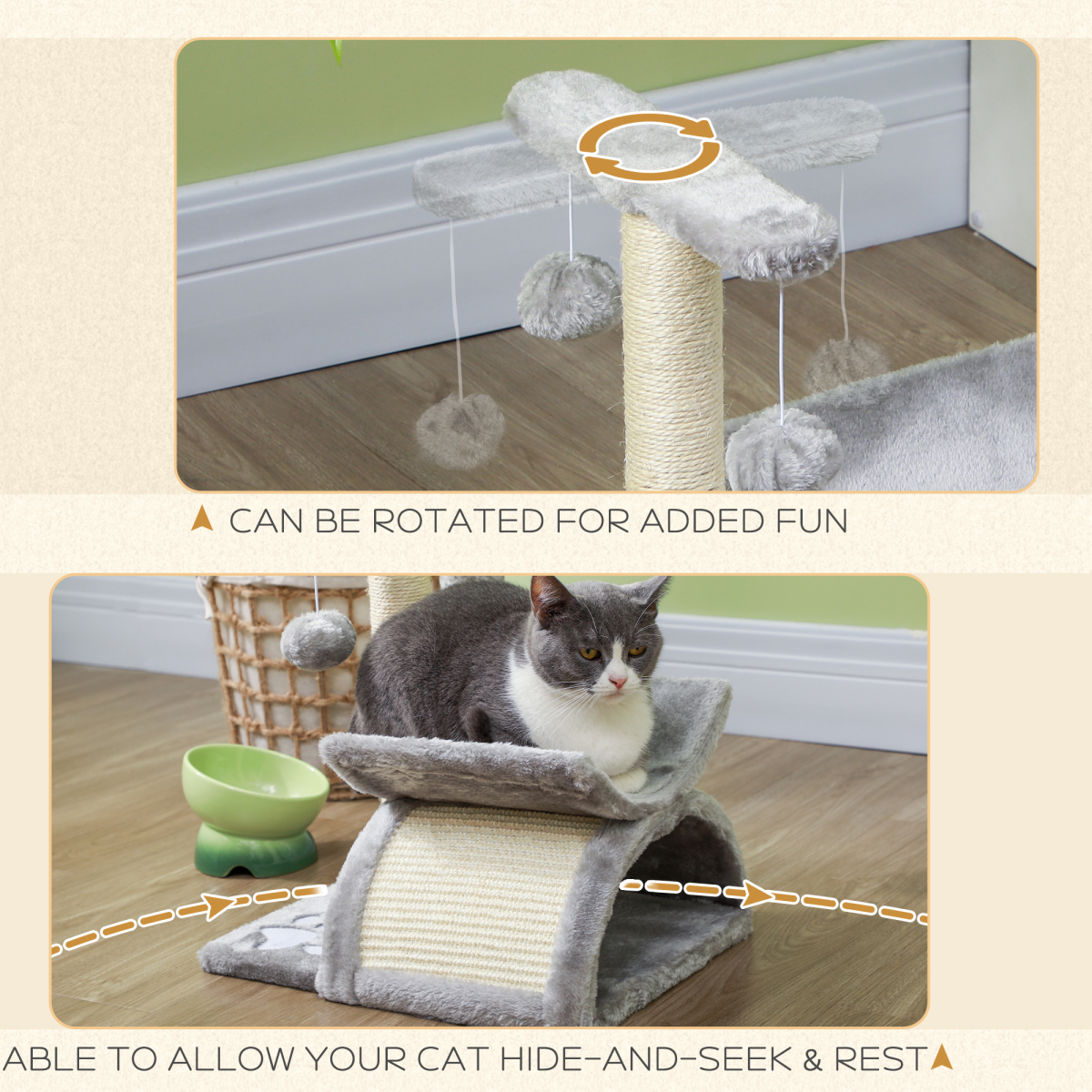 Cat Tree Plush Scratcher Activity Play Center Tunnel Dangling Ball