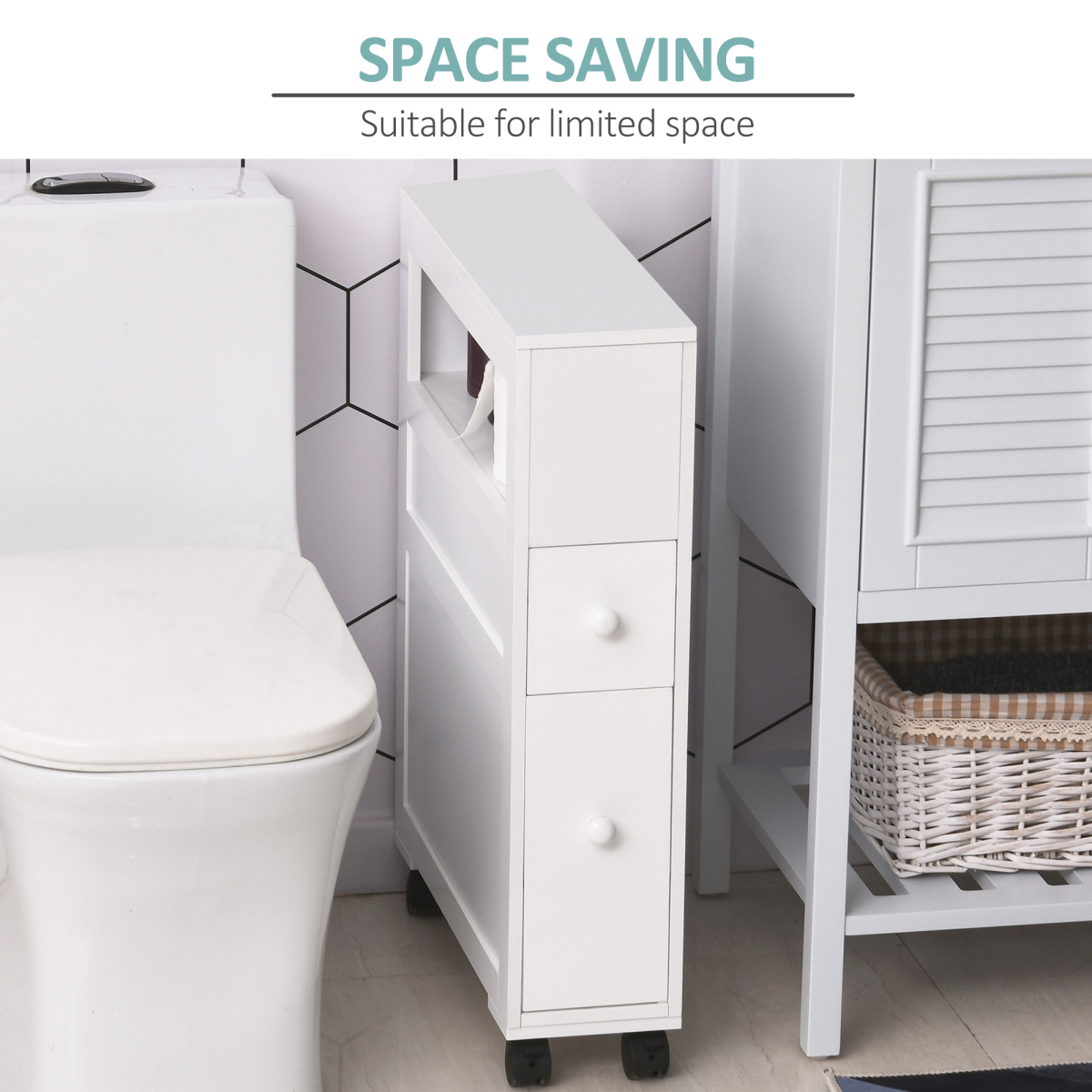 HOMCOM 72x16cm Narrow Bathroom Storage Unit 2 Drawers Open Top 4 Wheels