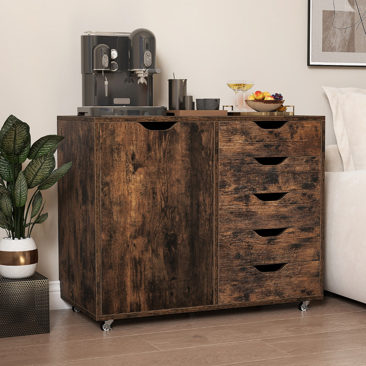 5-Drawer Chest with Door and Adjustable Shelf-Black