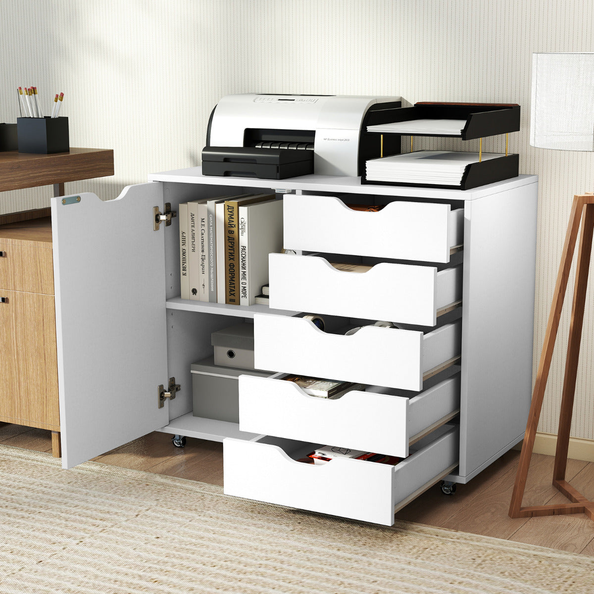 5-Drawer Chest with Door and Adjustable Shelf-Black