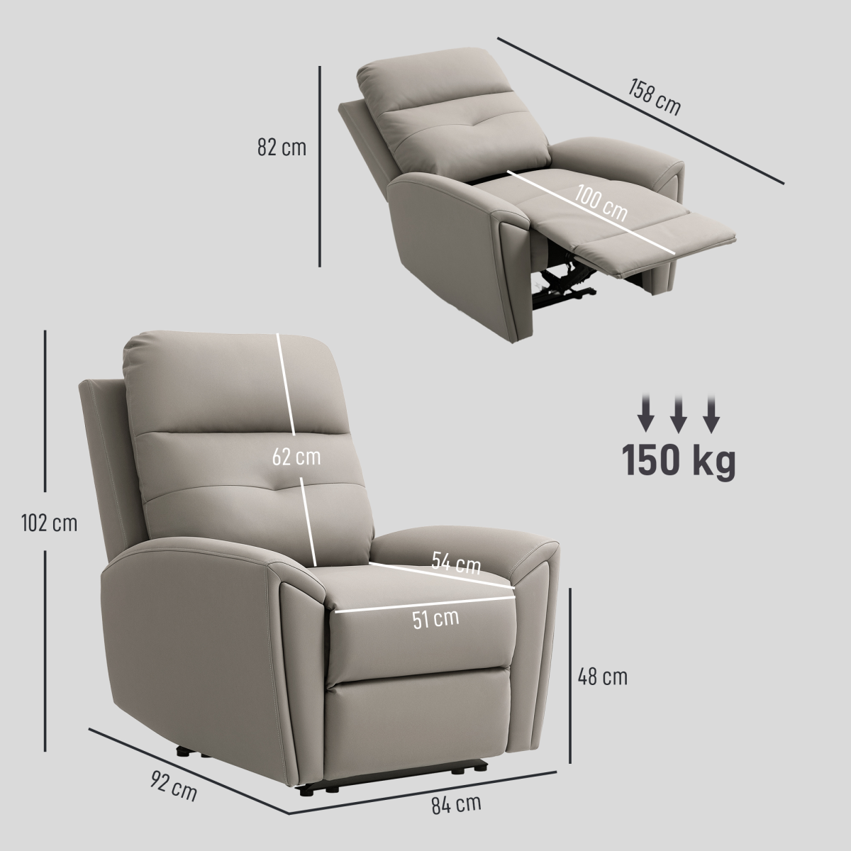 HOMCOM Recliner Armchair, Manual Reclining Chair for Living Room, Grey