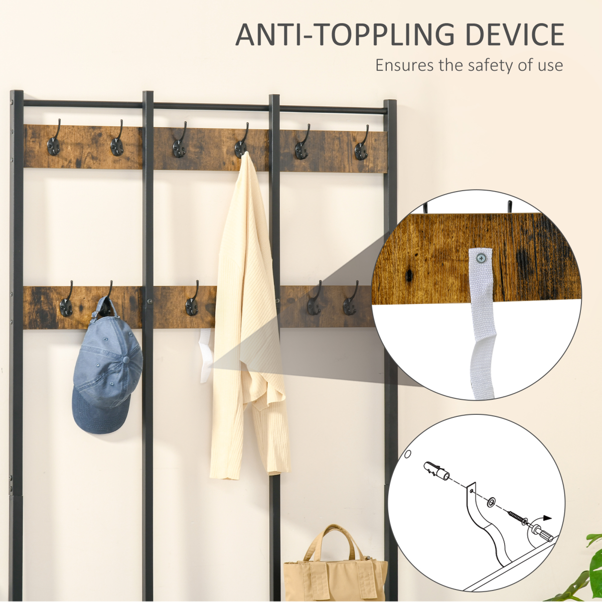 Entryway Coat Rack Hall Tree Shoe Bench 3 in 1 Design Metal Rack HOMCOM