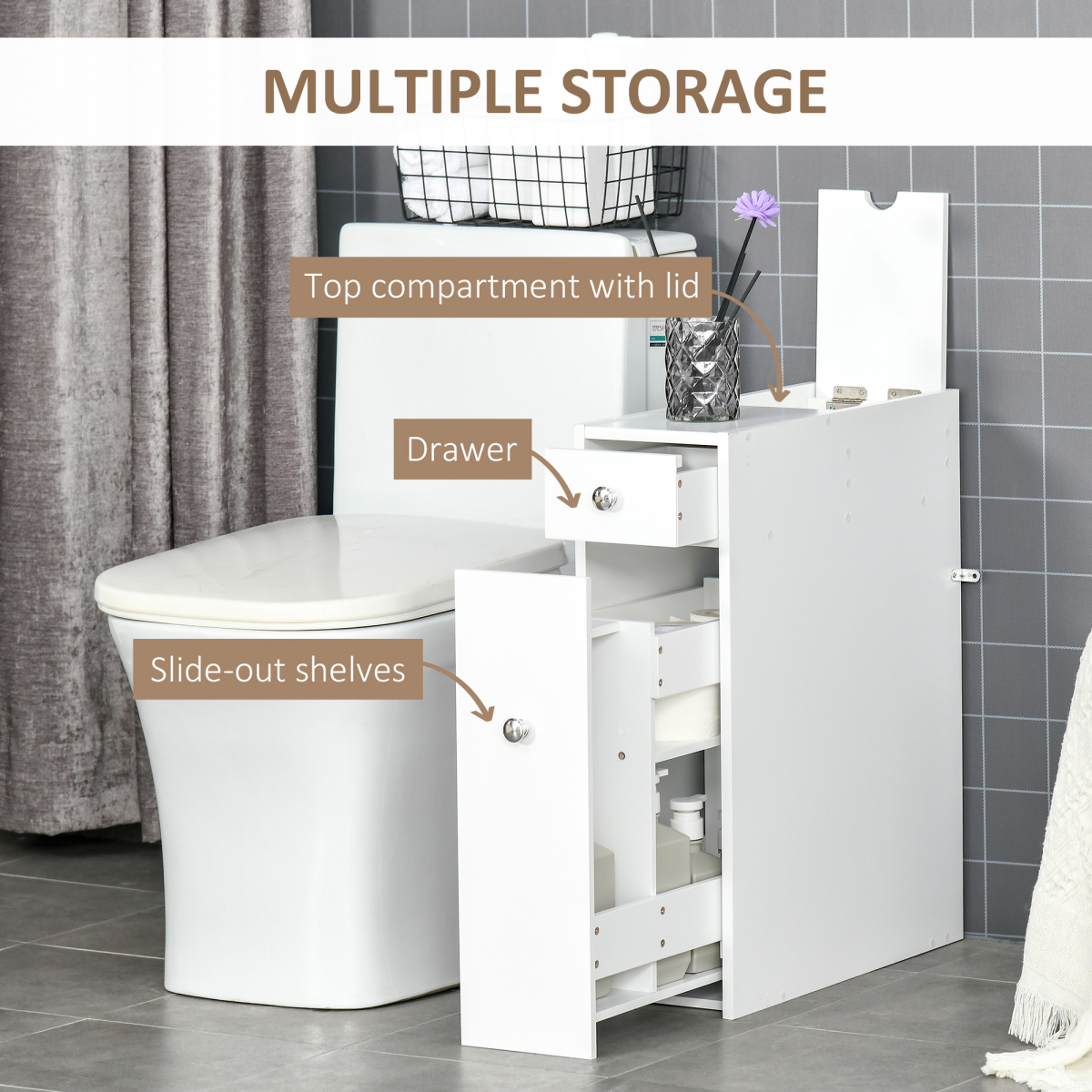 HOMCOM Slim Floor Cabinet Narrow Wooden Storage with Drawers Bathroom White