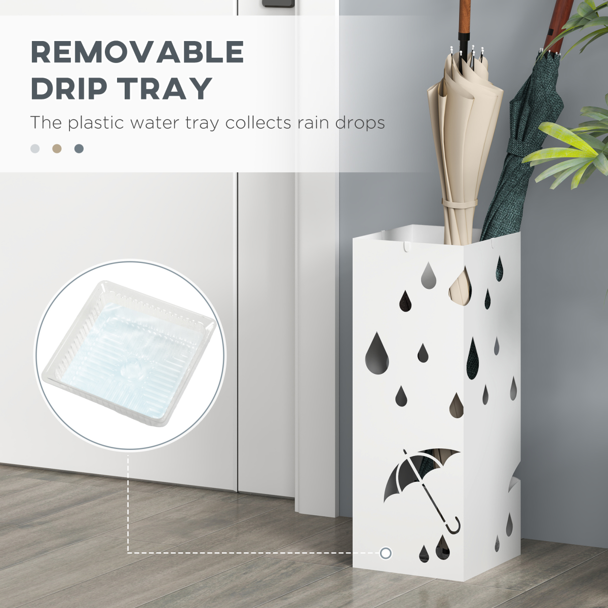 HOMCOM Metal Umbrella Stand, Square Umbrella Basket with 4 Hooks Drip Tray White