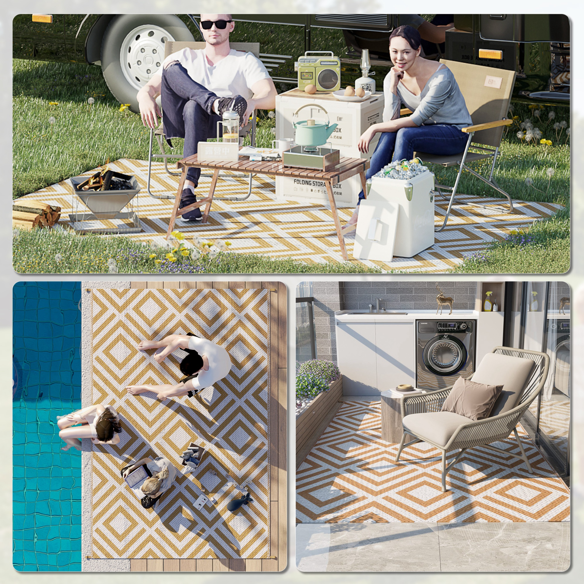 Reversible Outdoor Rug W/ Carry Bag for RV Camping Beach, 182 x 274 cm, Brown