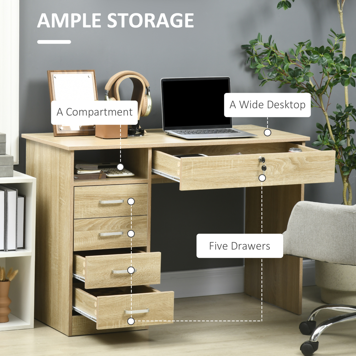 Computer Desk Writing Desk with Five Drawers for Home Office Oak