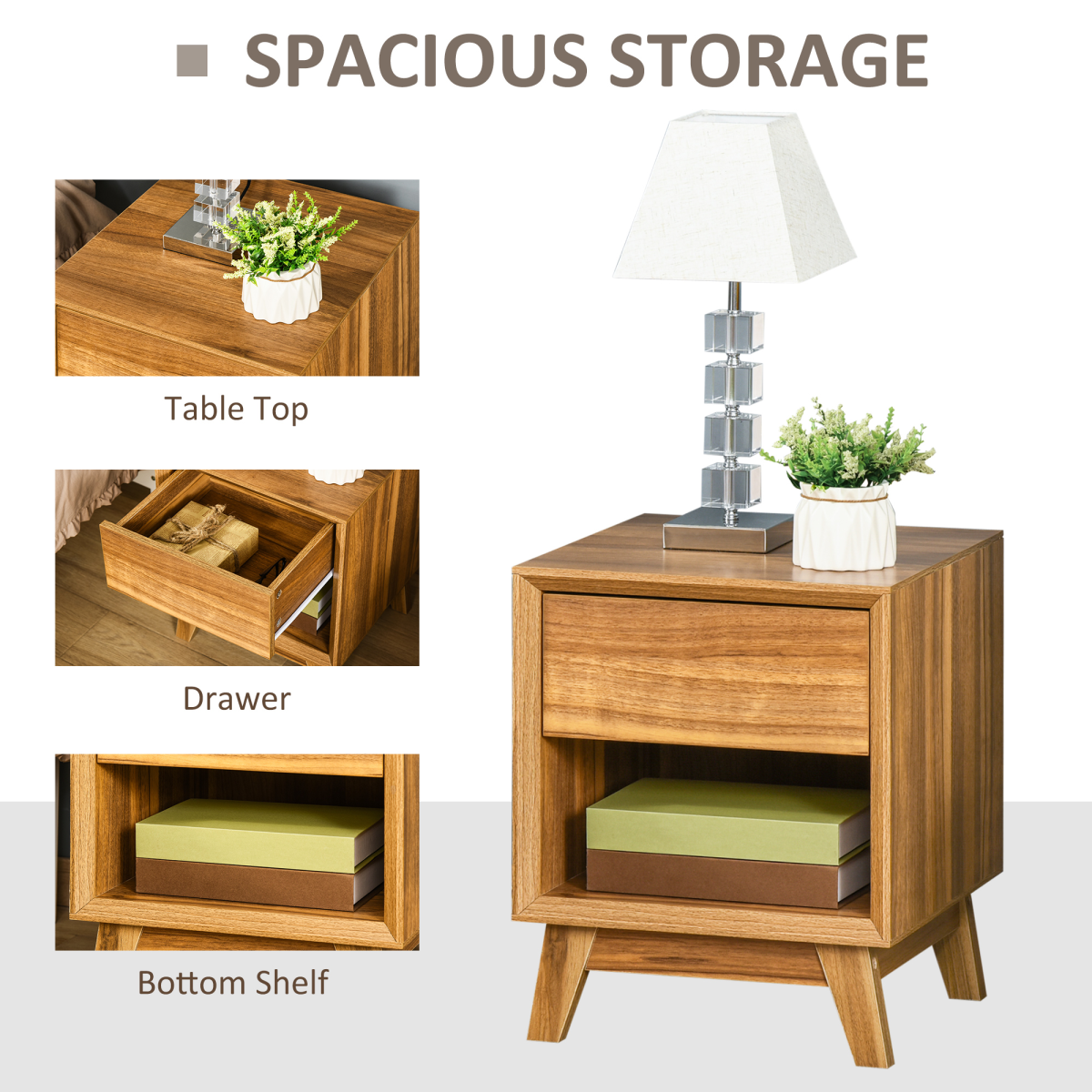 HOMCOM Bedside Table Storage Organizer Side Table  Drawer and Shelf Bedroom