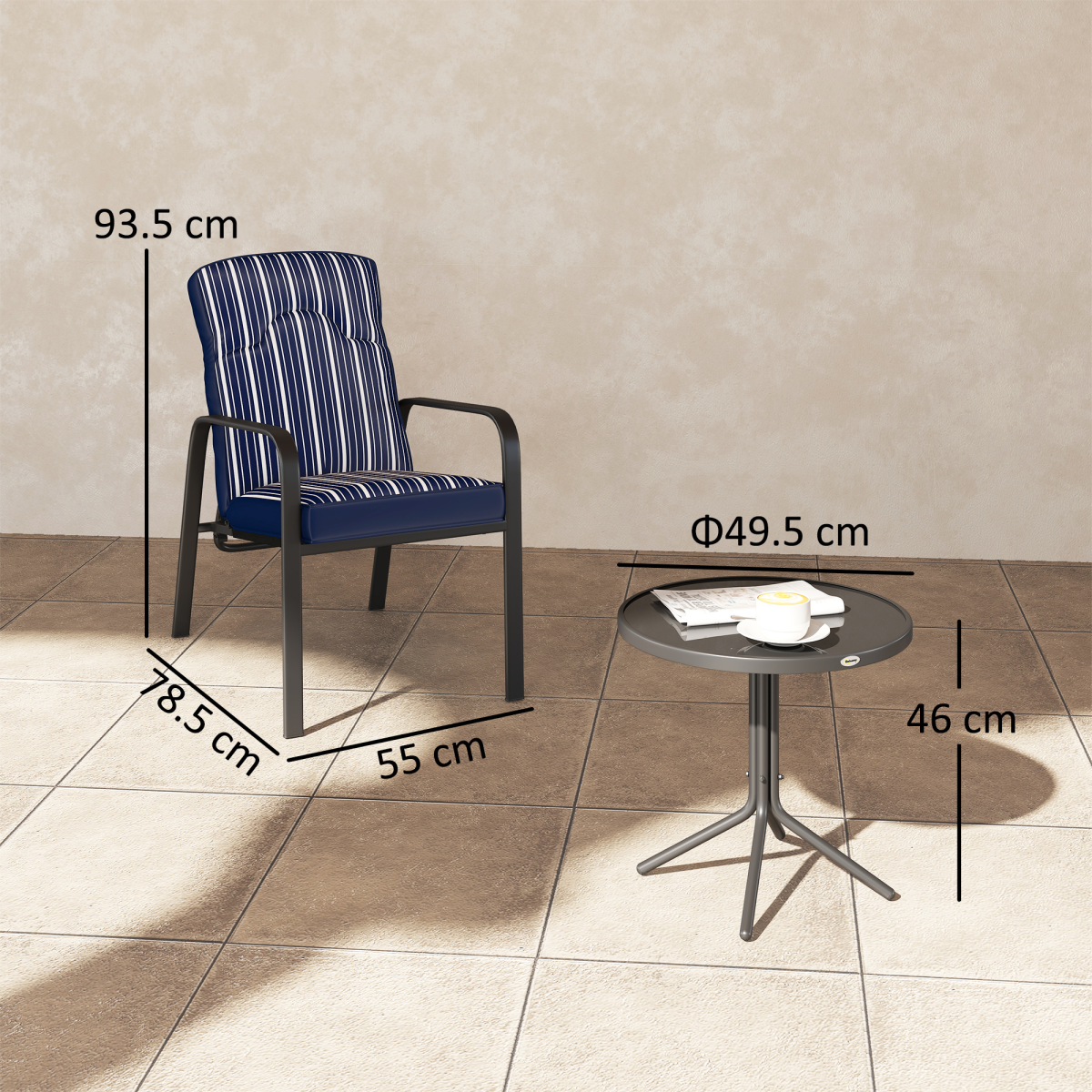 Outsunny 3-Piece Recliner Garden Chairs and Tempered Glass Table Set, Blue