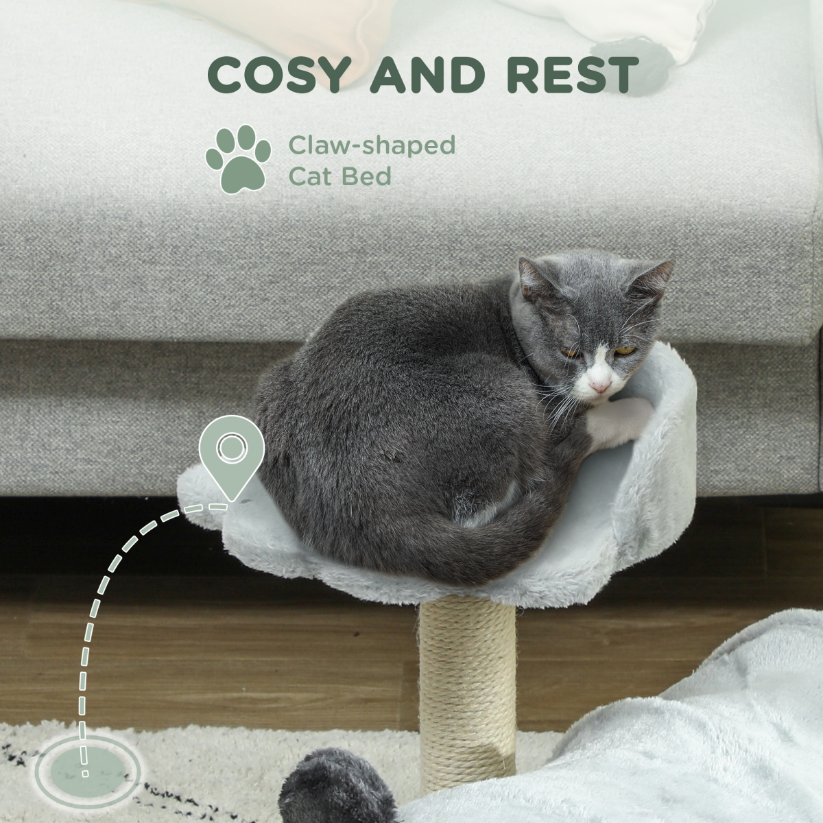 PawHut Cat Tree w/ Scratching Post, Bed, Cat Tunnel, Toy Ball, Grey