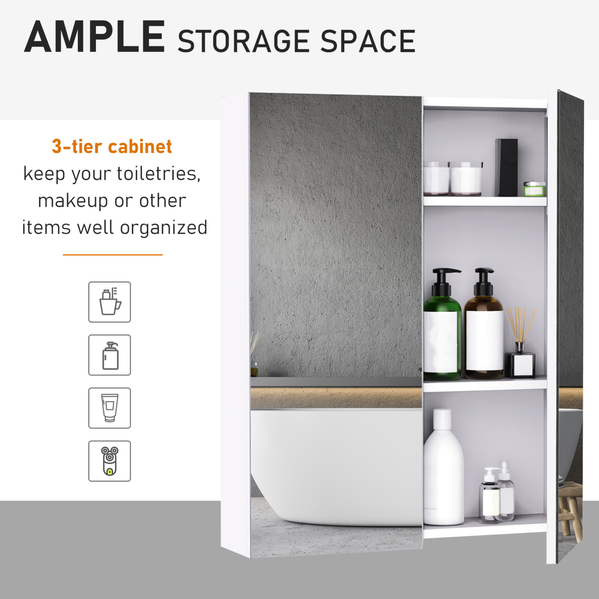 HOMCOM 60x75cm Mirror Cabinet Wall Mount Storage Organizer Door Adjustable
