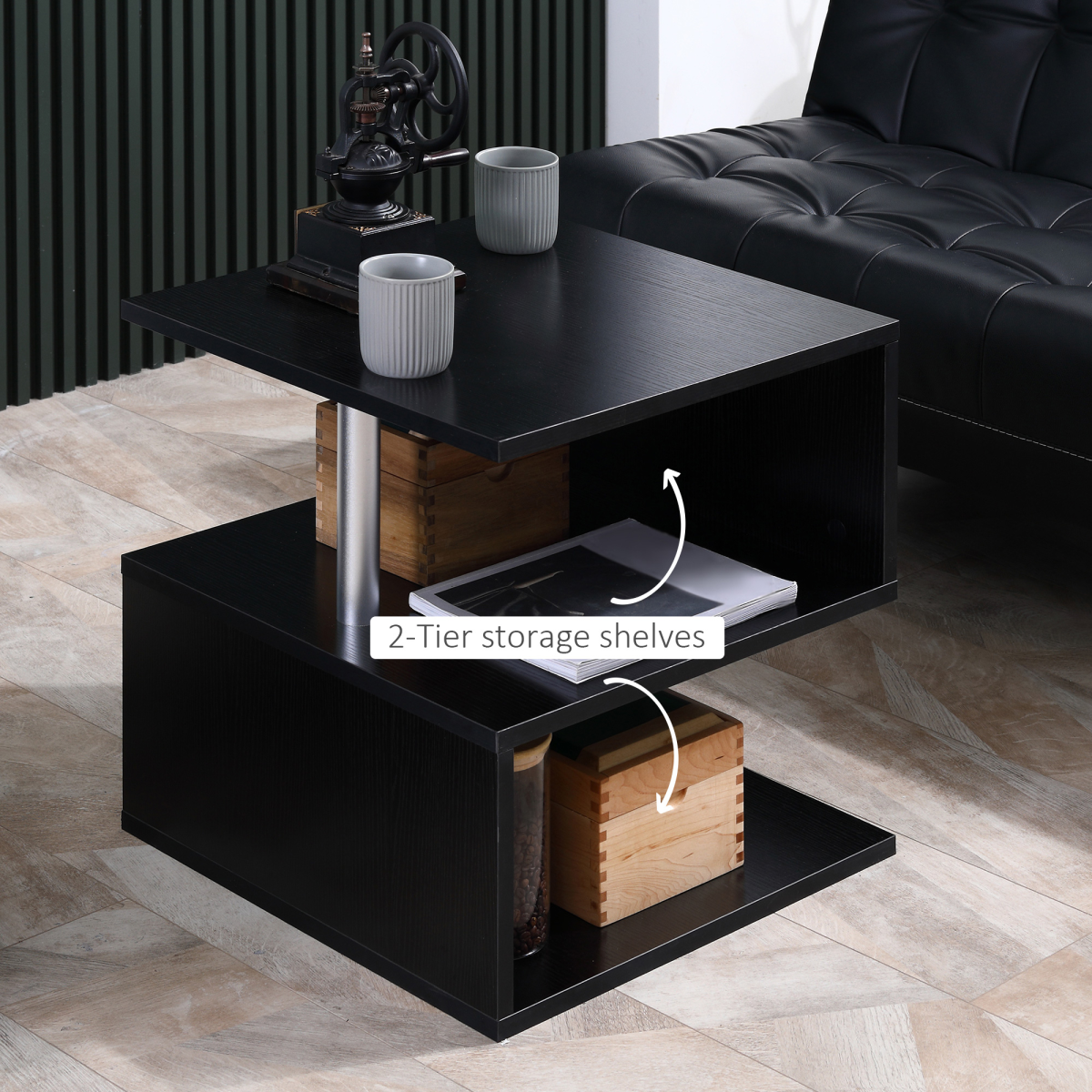 50Lx50Wx50H cm Wooden Side S Shape Cube Coffee Console Table 2-Tier Black