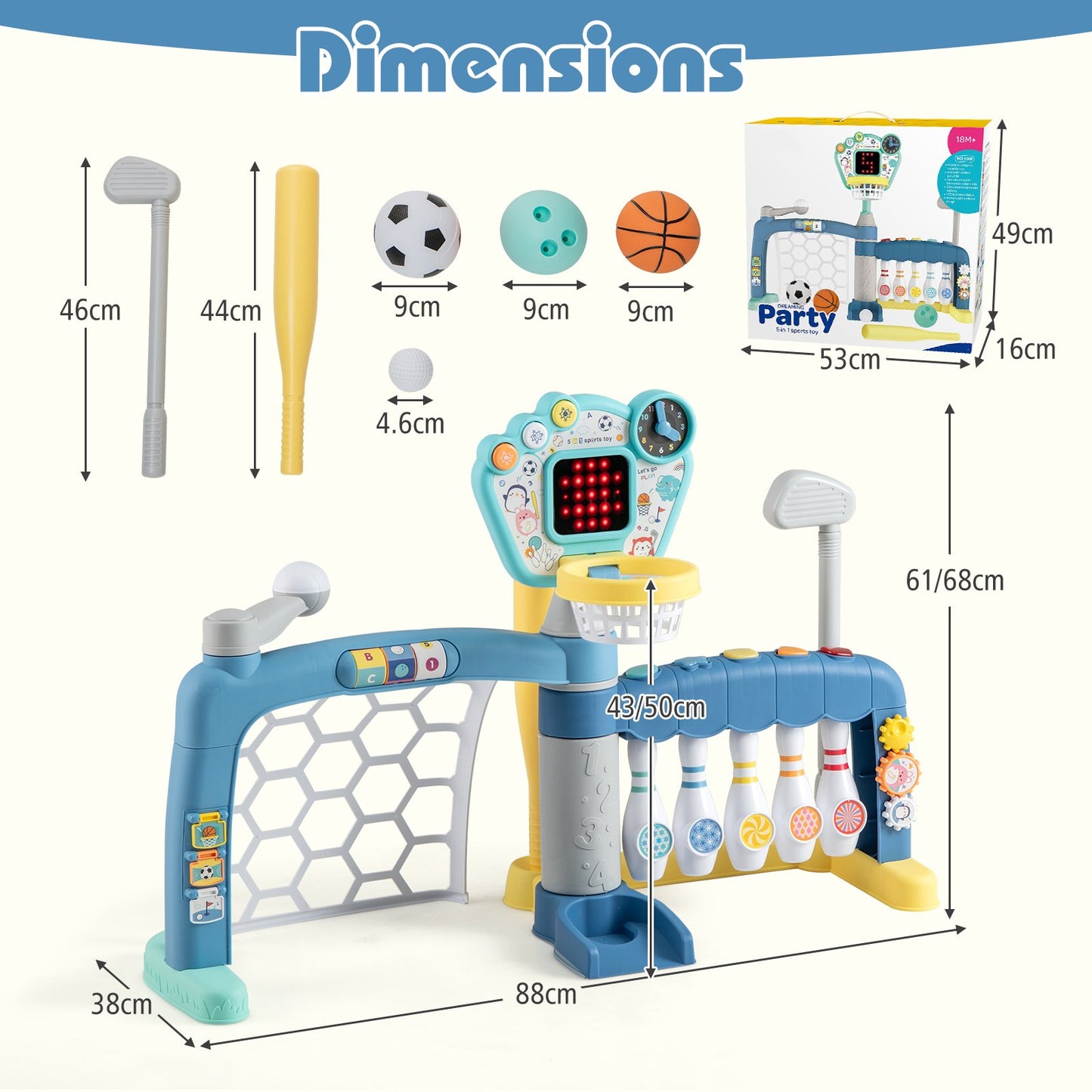 5 in 1 Toddler Sports Toy Kids Activity Center with Adjustable Basketball Hoop