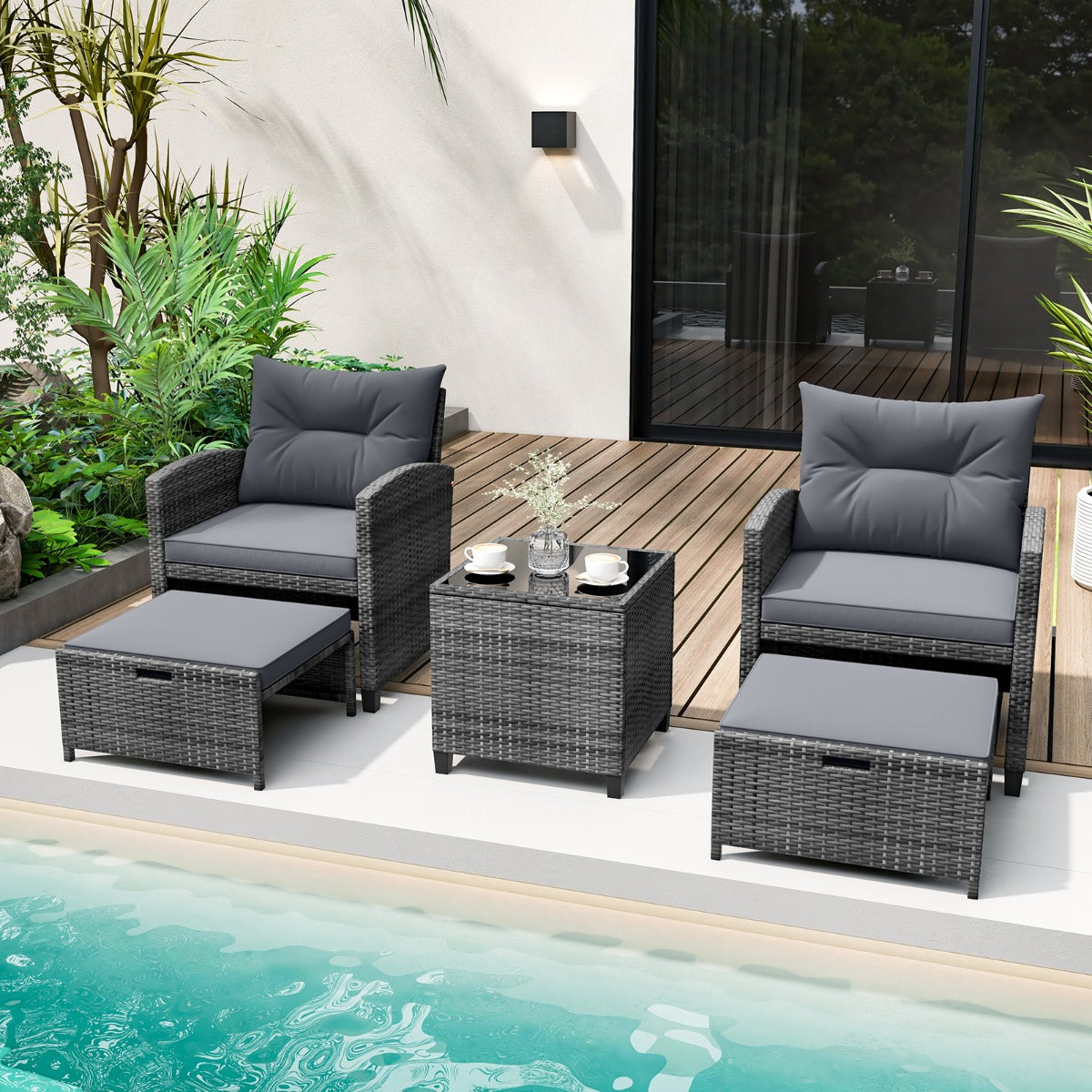 5 Piece Wicker Patio Furniture Set with 2 Cushioned Chairs and 2 Ottomans-Beige