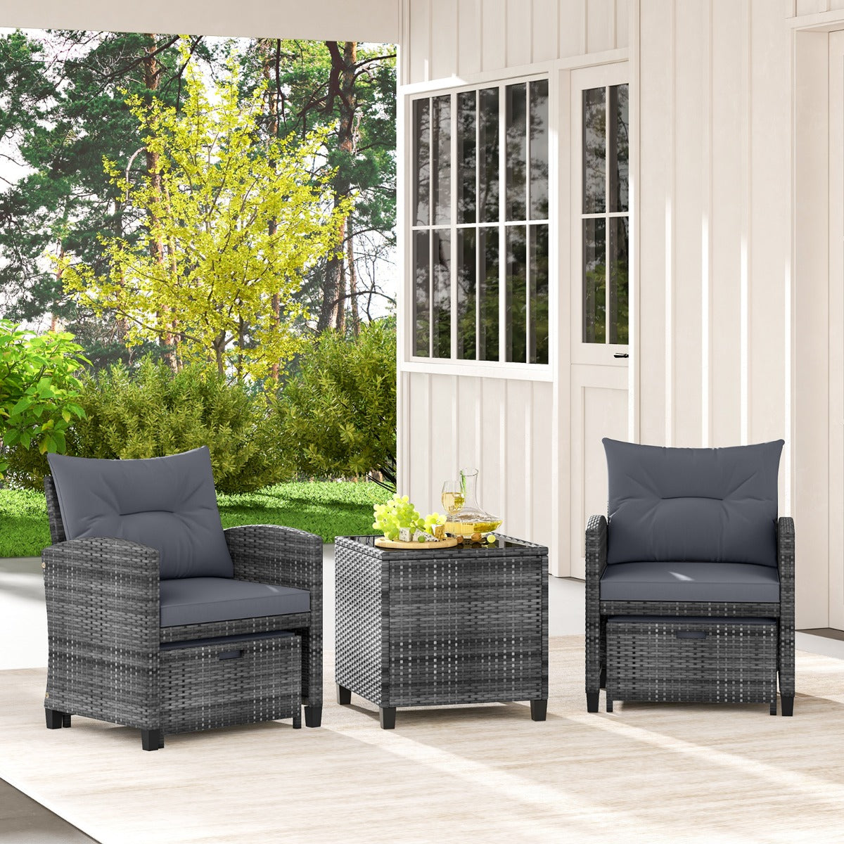 5 Piece Wicker Patio Furniture Set with 2 Cushioned Chairs and 2 Ottomans-Beige