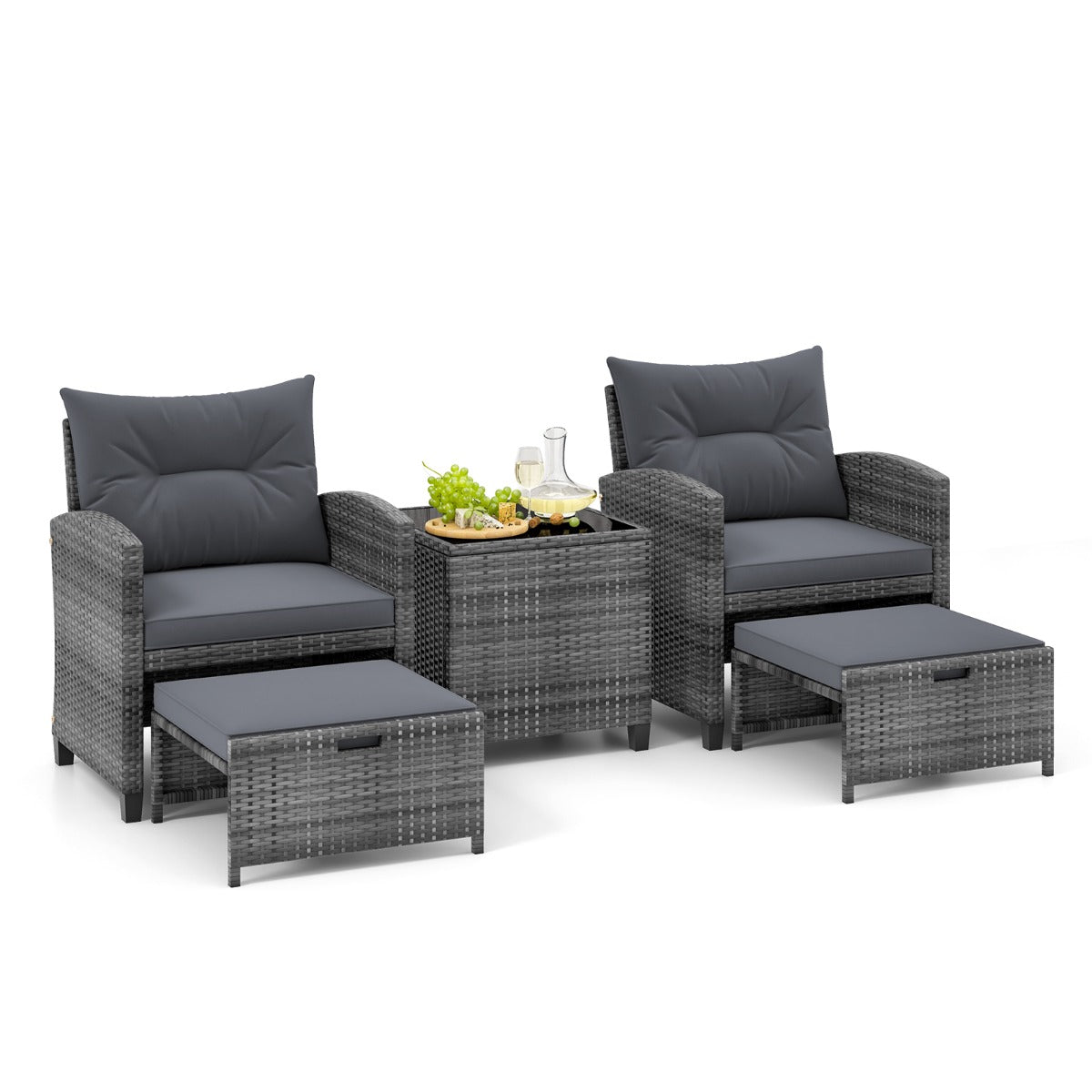 5 Piece Wicker Patio Furniture Set with 2 Cushioned Chairs and 2 Ottomans-Beige