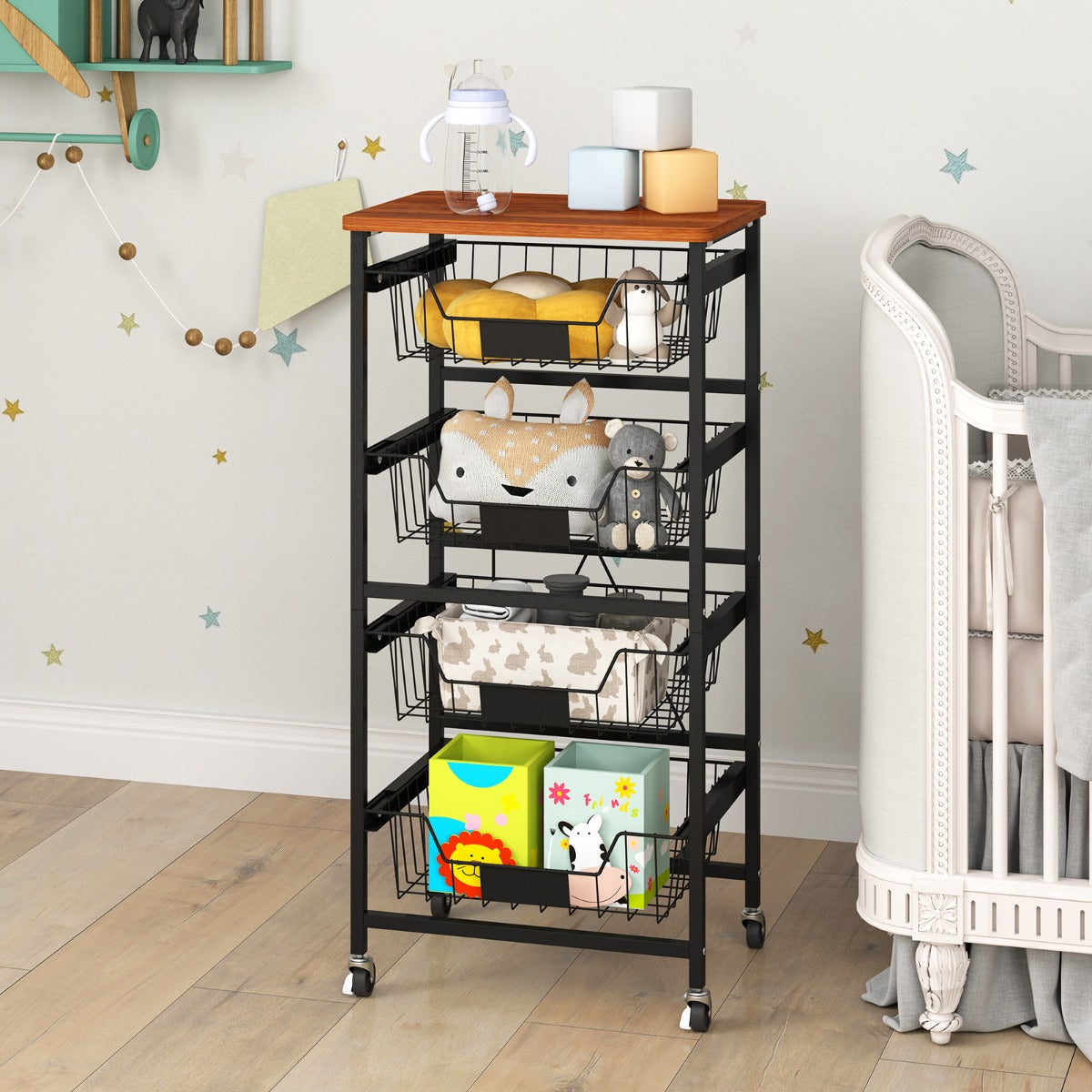 4/5-Tier Kitchen Storage Cart with Wooden Top and DIY Chalk Labels-4-Tier