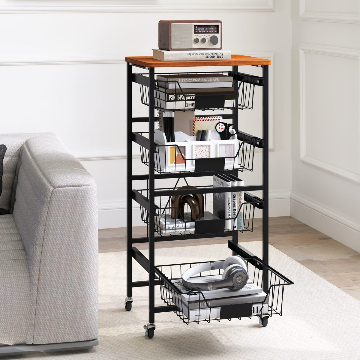 4/5-Tier Kitchen Storage Cart with Wooden Top and DIY Chalk Labels-4-Tier